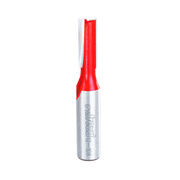 Red and silver router bit with straight cutting edges and cylindrical shank labeled Freud 12-108.