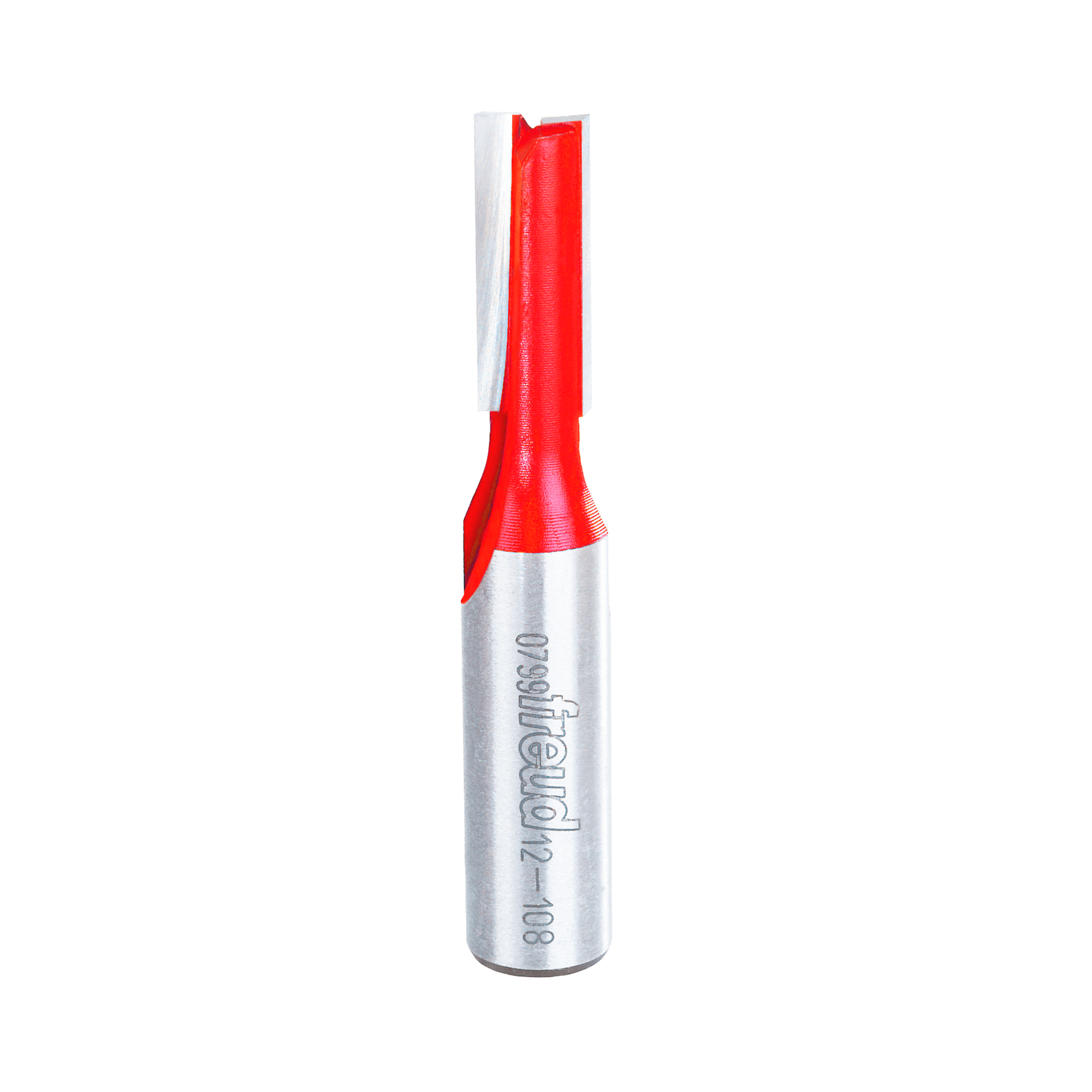 Red and silver router bit with straight cutting edges and cylindrical shank labeled Freud 12-108.