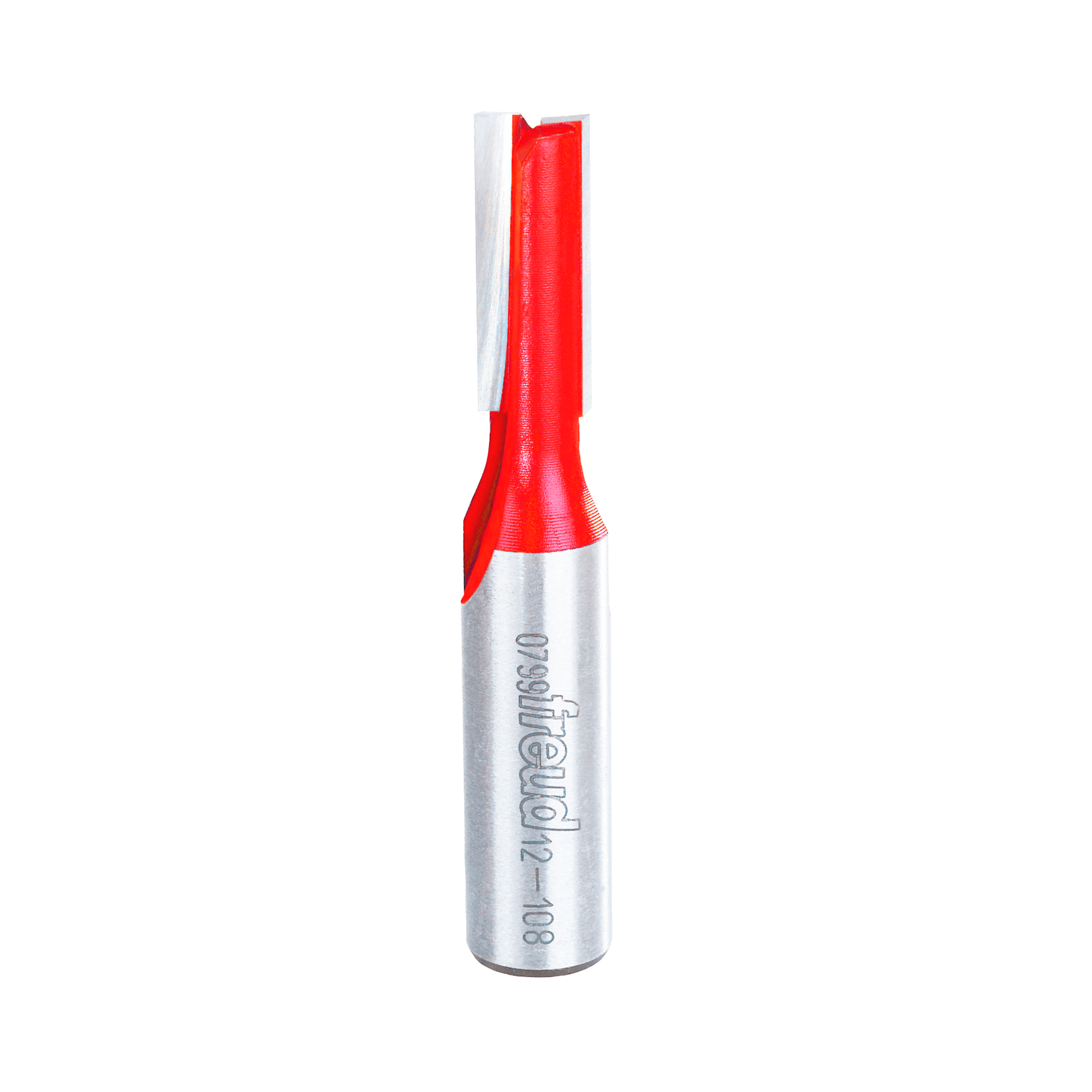 Red and silver router bit with straight cutting edges and cylindrical shank labeled Freud 12-108.