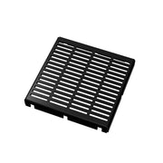 Matte black square drain cover with horizontal slatted pattern and center opening, 5" x 5".