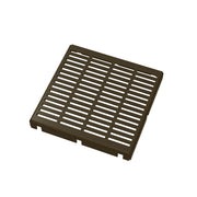 Square oil rubbed bronze drain cover with horizontal slat pattern and center opening.