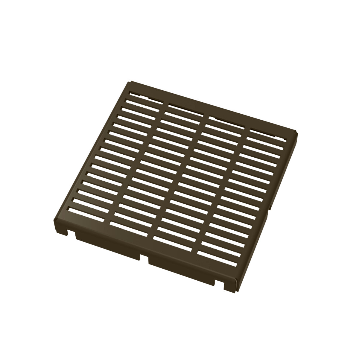 Square oil rubbed bronze drain cover with horizontal slat pattern and center opening.