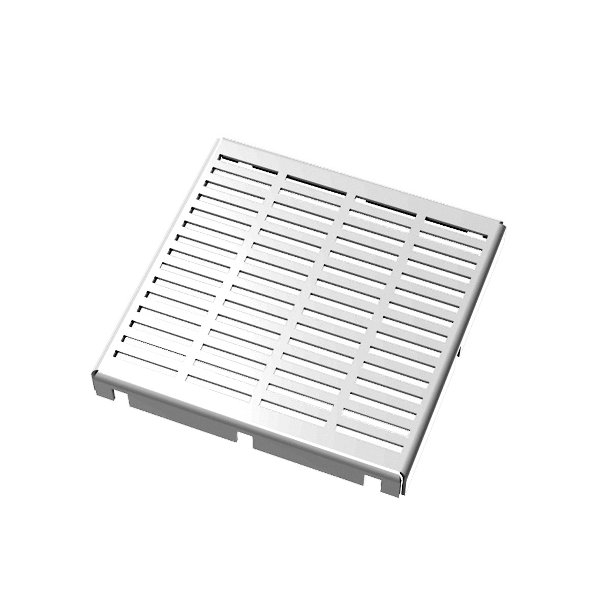Square polished stainless steel drain cover with parallel slot pattern and center drain opening.