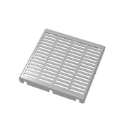 Square satin stainless steel drain cover with horizontal slat pattern and center opening.