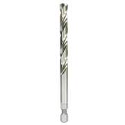 Silver metal twist drill bit with spiral flutes and hexagonal shank against white background.