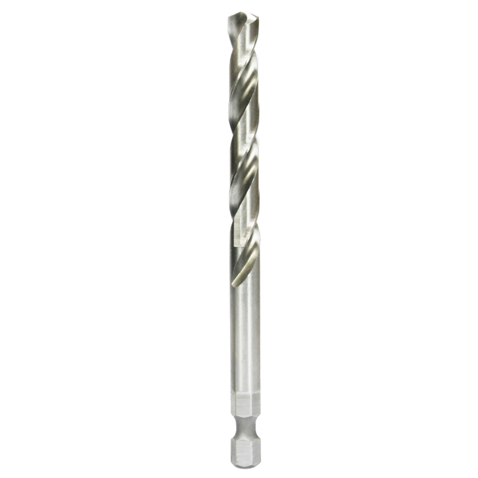 Silver metal twist drill bit with spiral flutes and hexagonal shank against white background.