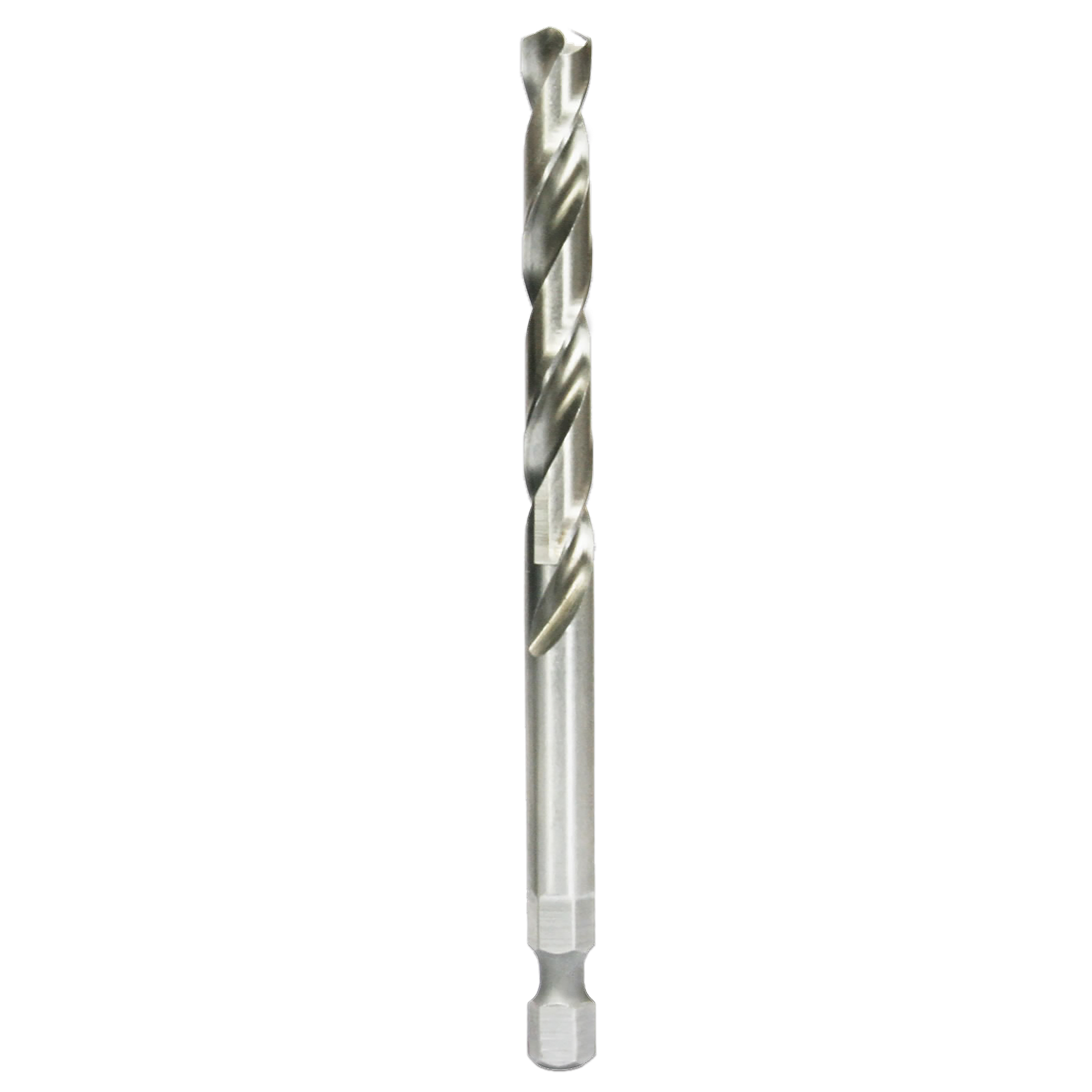 Silver metal twist drill bit with spiral flutes and hexagonal shank against white background.