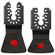 Two black high carbon steel oscillating scraper blades with serrated edges and mounting holes, marked with red Diablo logo.