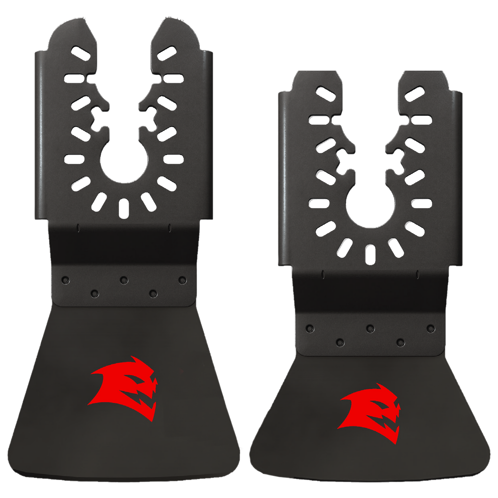 Two black high carbon steel oscillating scraper blades with serrated edges and mounting holes, marked with red Diablo logo.