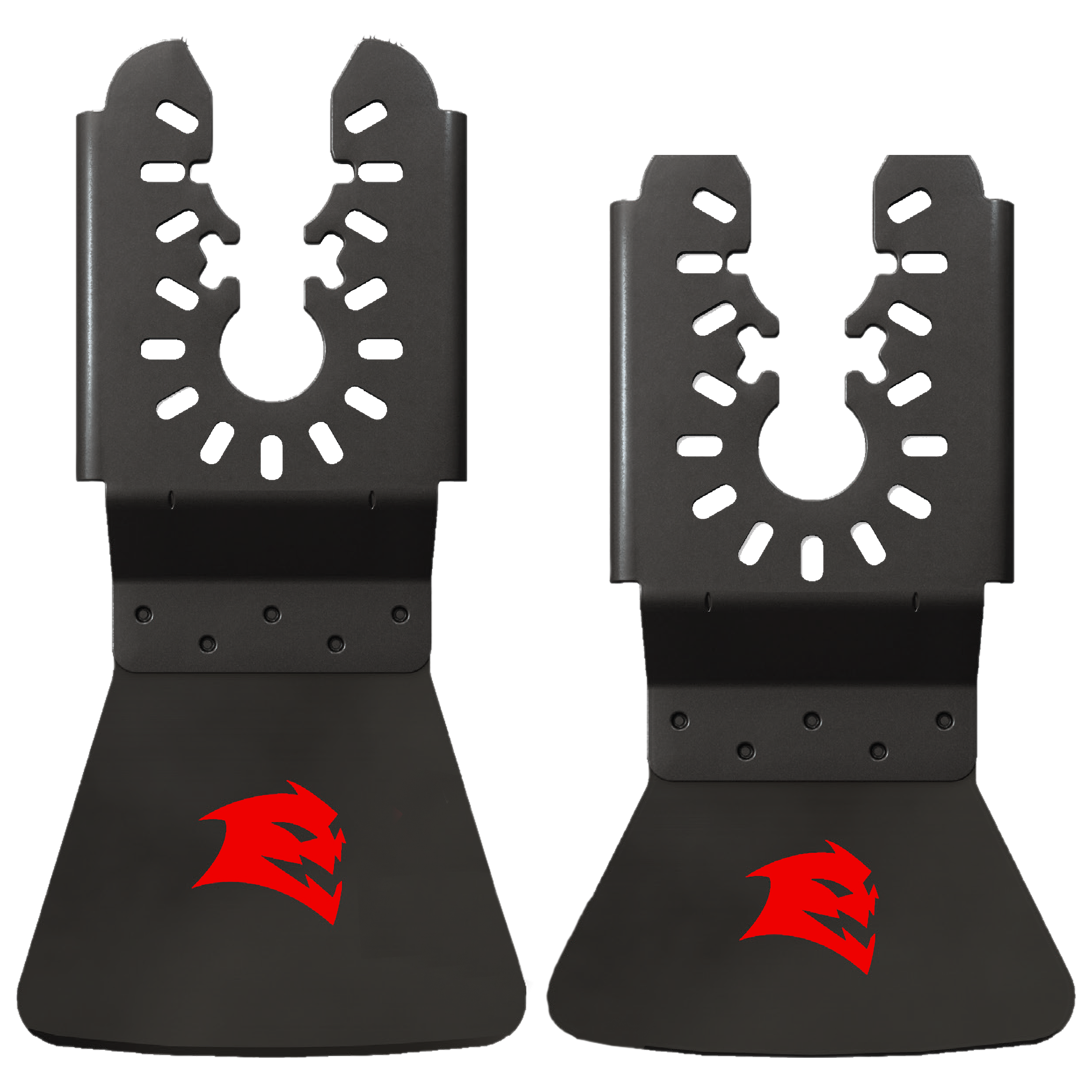 Two black high carbon steel oscillating scraper blades with serrated edges and mounting holes, marked with red Diablo logo.