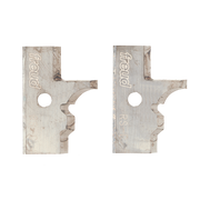 Pair of metal router knife blades with Freud branding and curved cutting edges for rail and stile profiling.