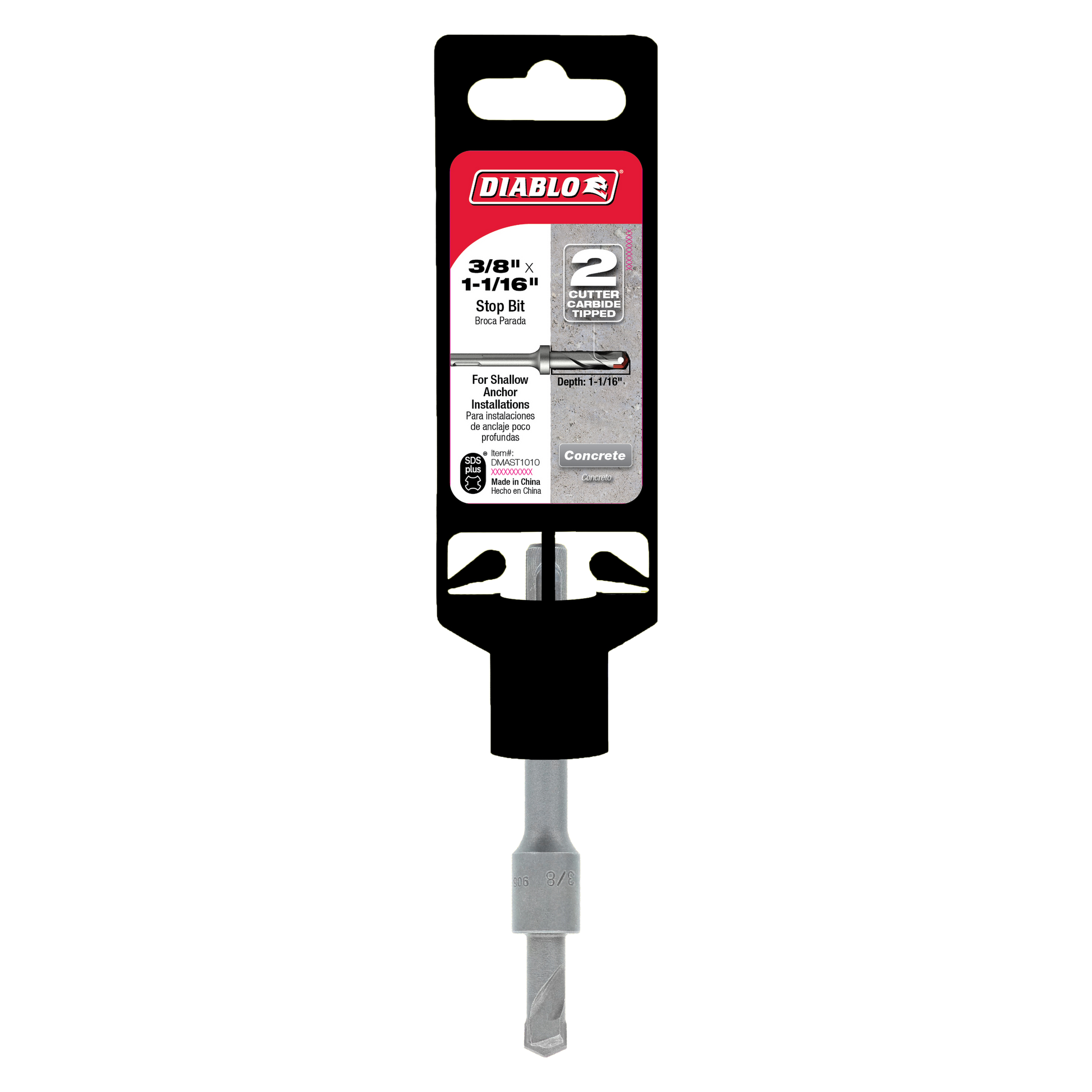 Diablo SDS-Plus 2-cutter stop bit with black packaging and gray metal shaft for concrete drilling.