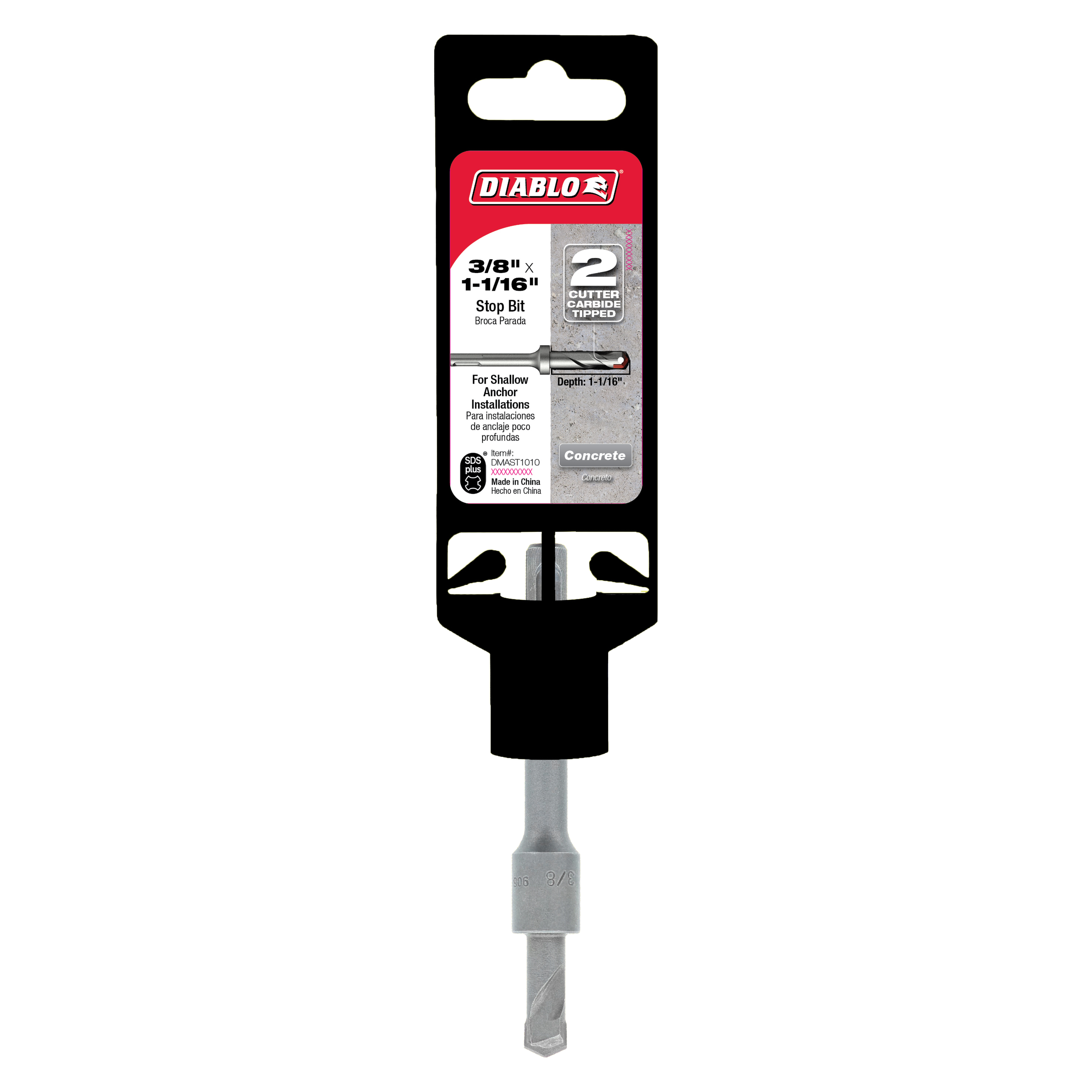Diablo SDS-Plus 2-cutter stop bit with black packaging and gray metal shaft for concrete drilling.