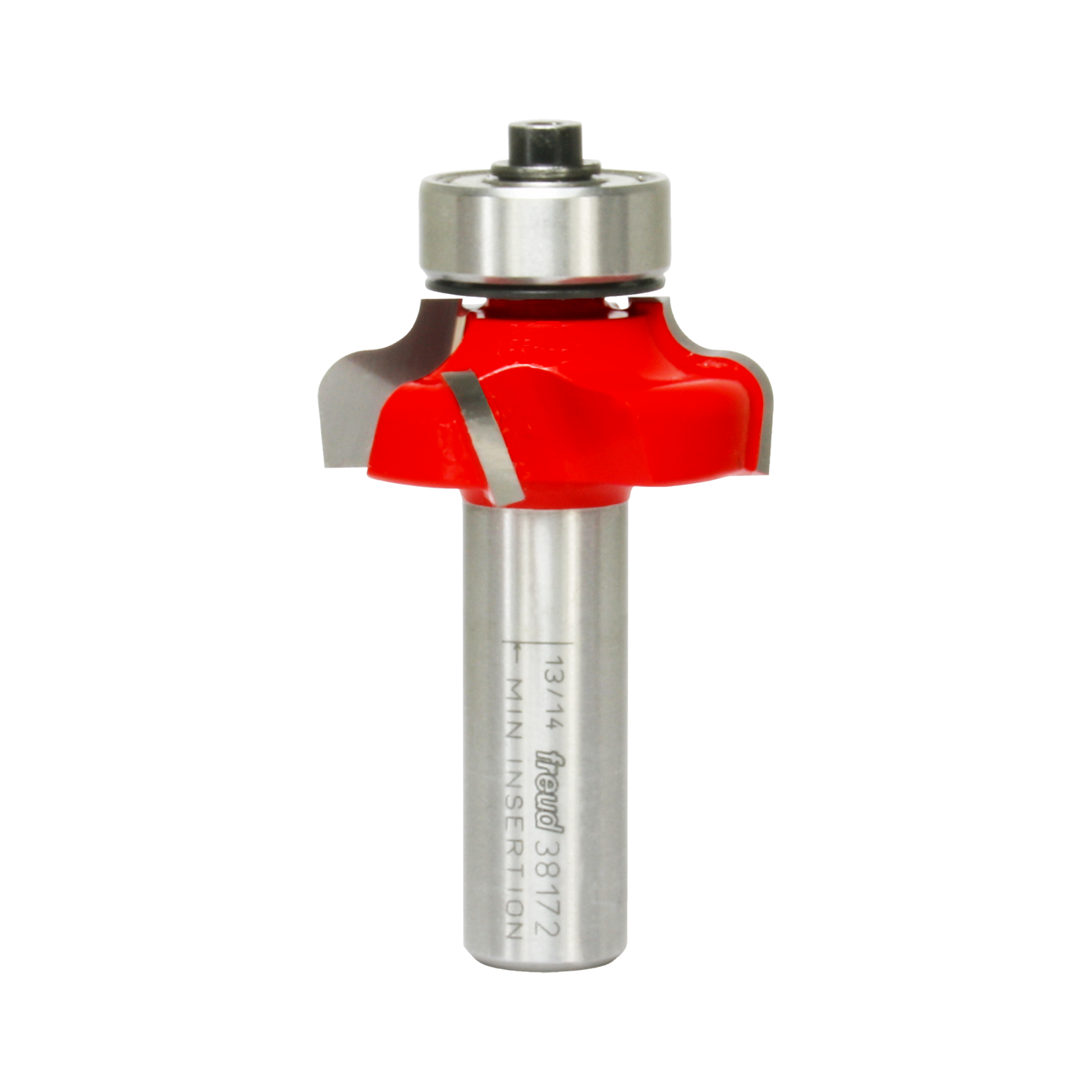 Freud 1-3/8" ogee router bit with red cutting head, metal shank, and silver bearing collar.