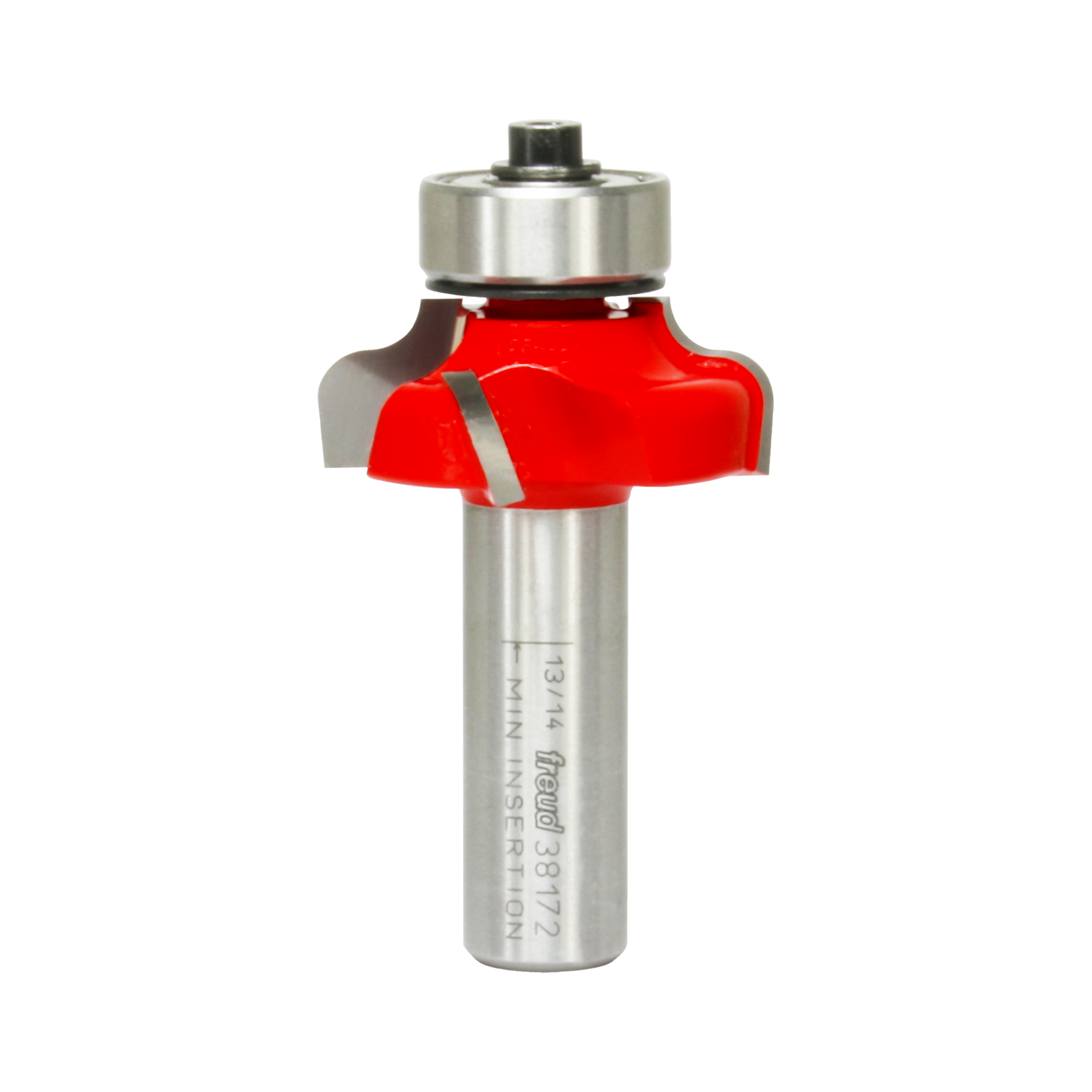 Freud 1-3/8" ogee router bit with red cutting head, metal shank, and silver bearing collar.
