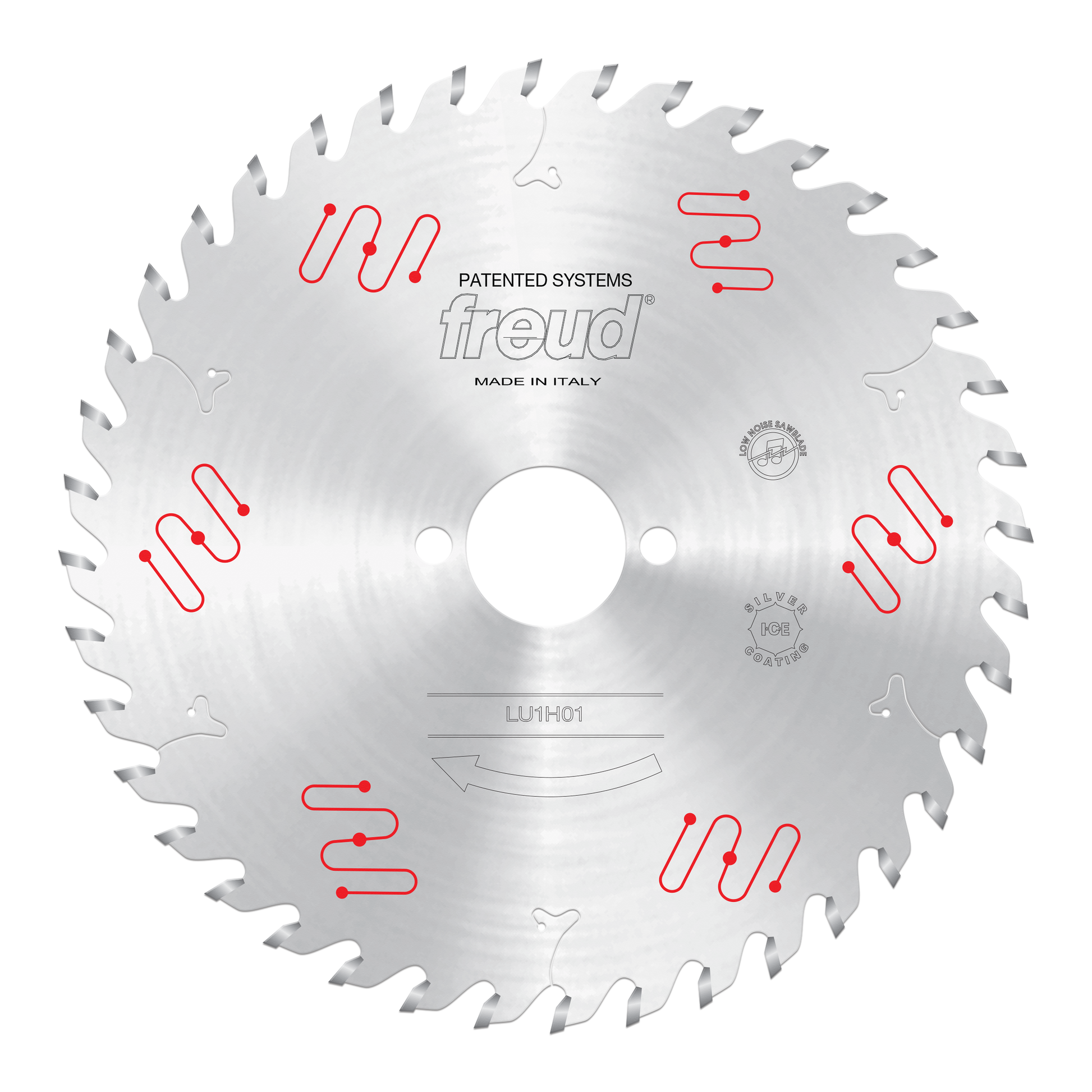Freud 180mm circular saw blade with carbide-tipped teeth, center arbor hole, and red patent system markings on silver steel b