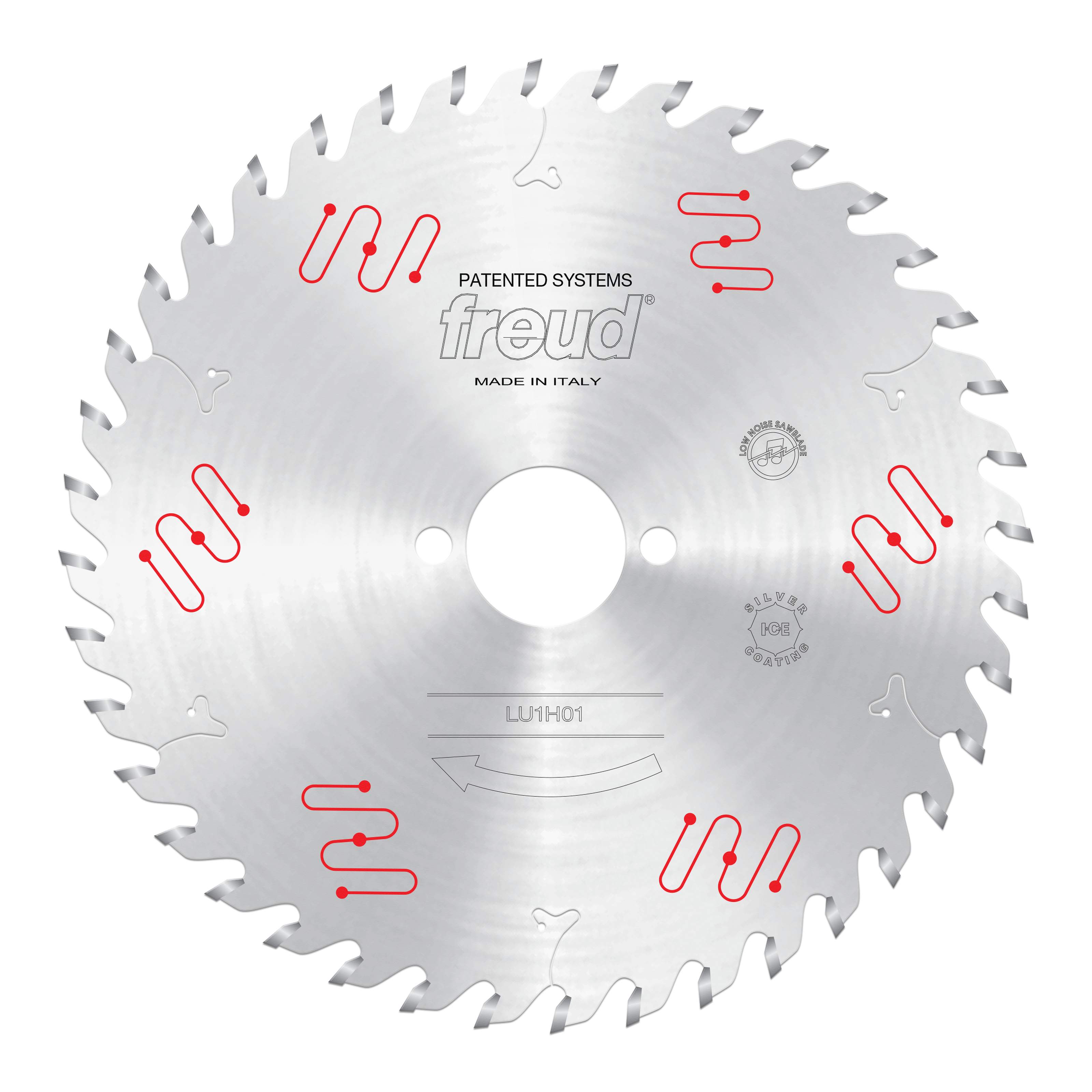 Freud 180mm circular saw blade with carbide-tipped teeth, center arbor hole, and red patent system markings on silver steel b