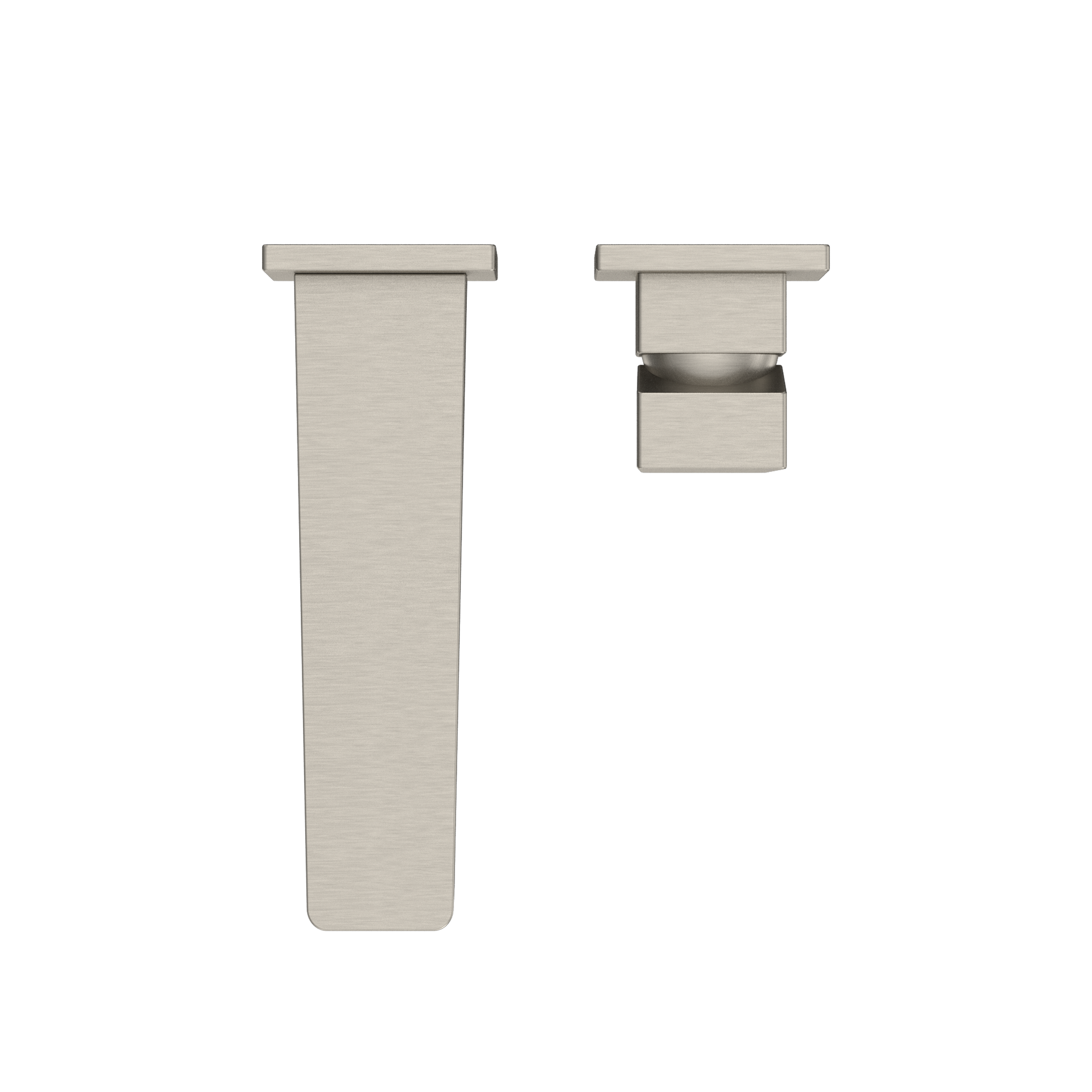 Brushed nickel wall-mount bathroom faucet with single handle and rectangular spout design.