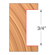 Wood router bit with 3/4" groove width and diagonal grain pattern visible on tan wooden surface.