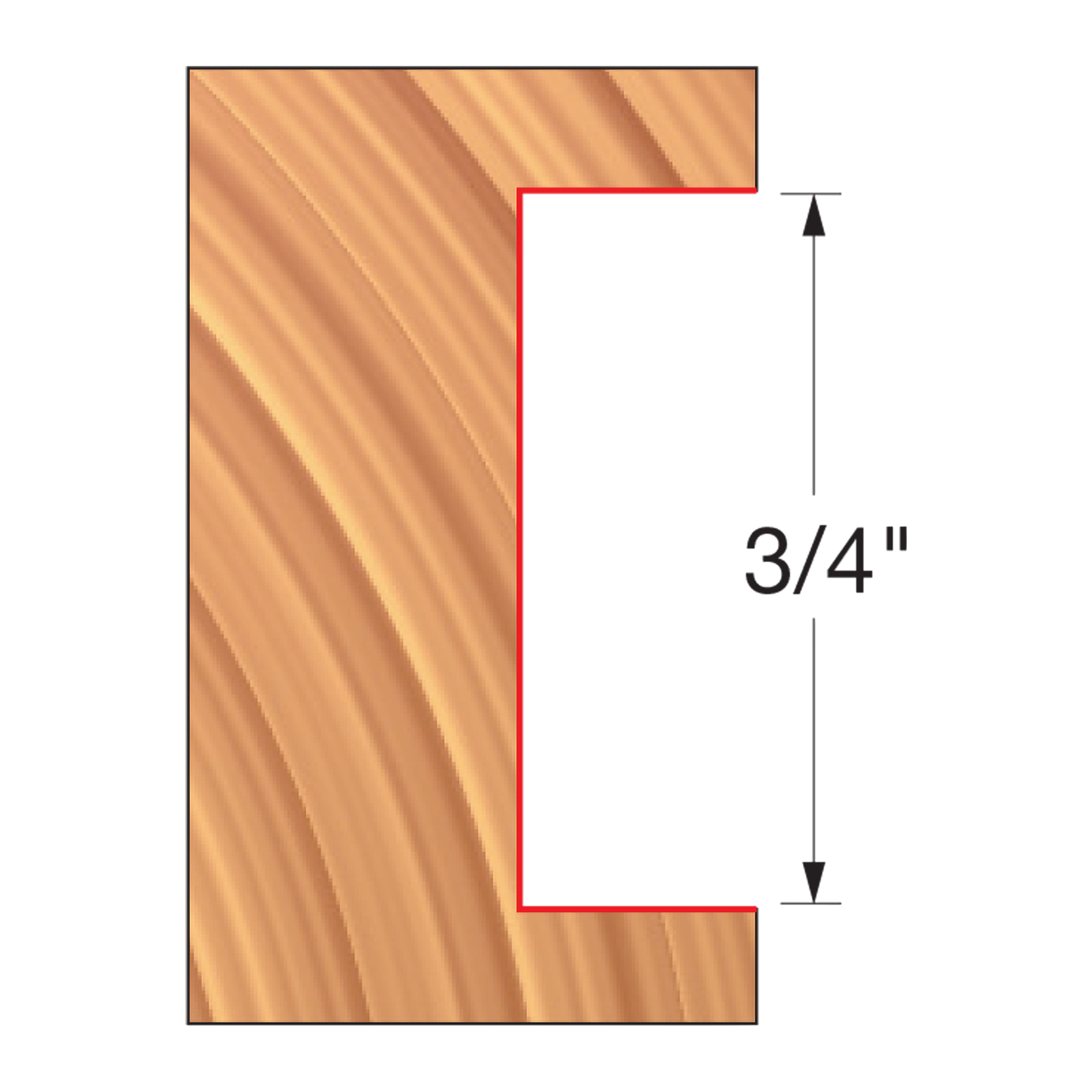 Wood router bit with 3/4" groove width and diagonal grain pattern visible on tan wooden surface.