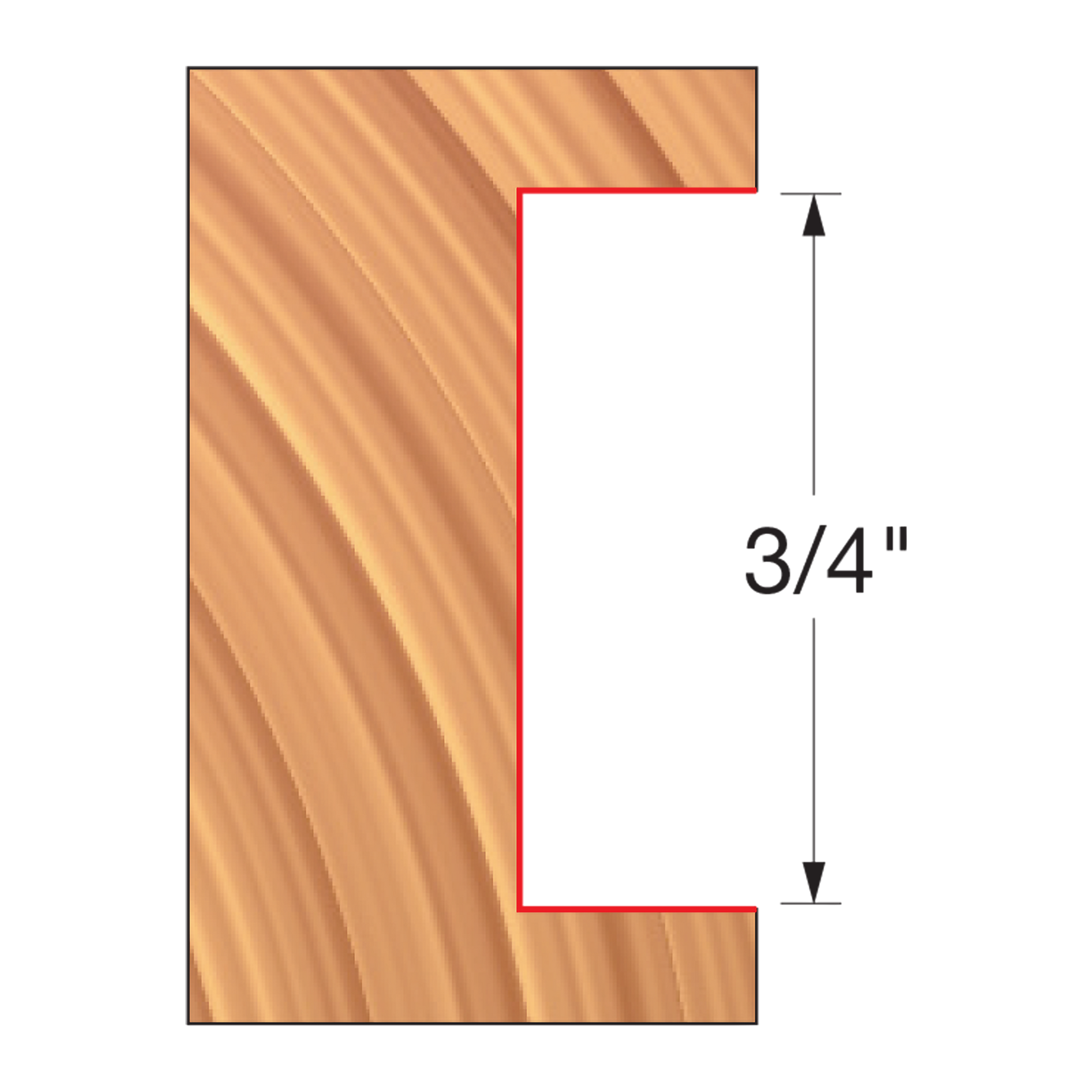 Router bit with U-shaped groove profile and 3/4" cutting depth, shown from above on wood grain background.