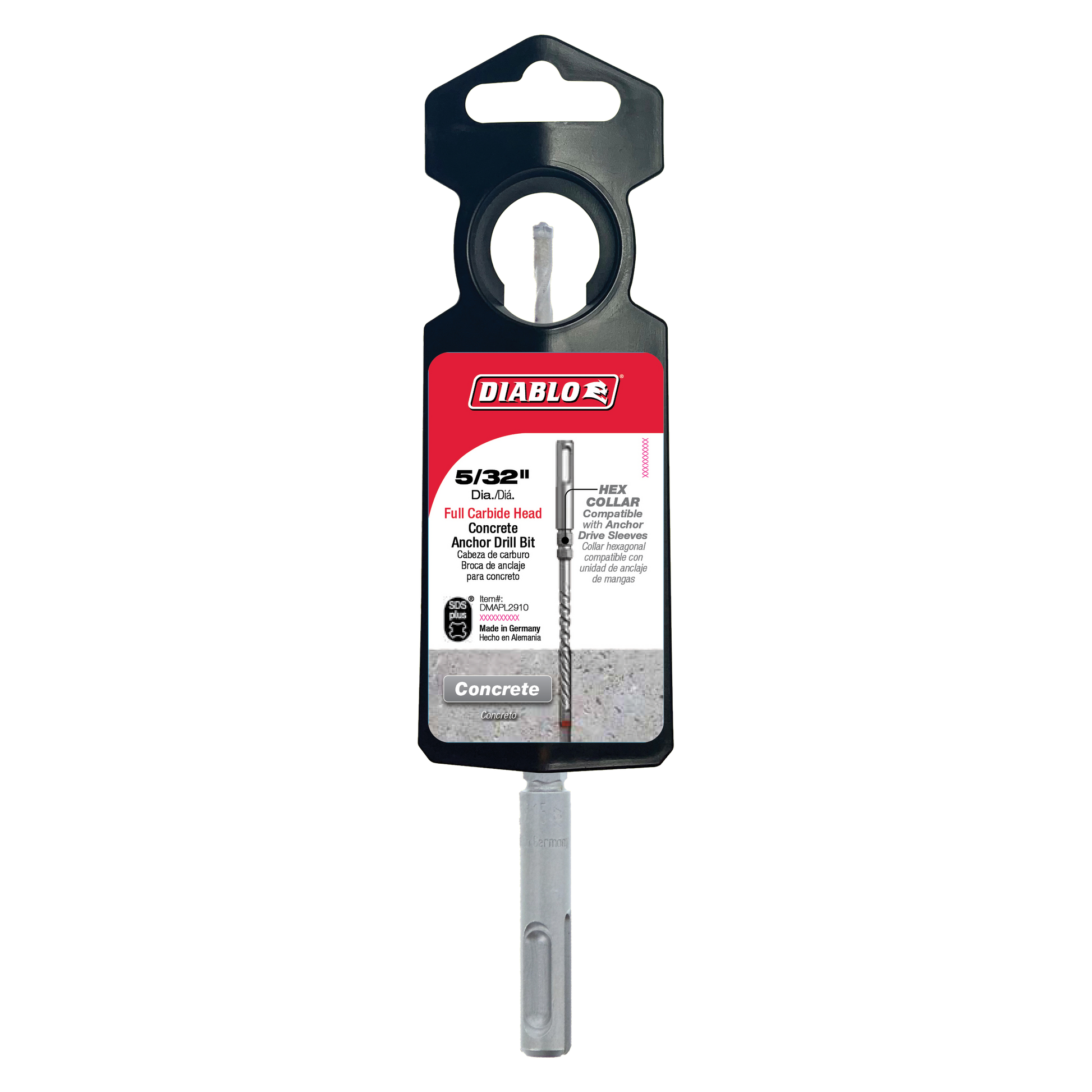 Diablo 5/32" SDS-Plus concrete anchor drill bit with full carbide head in black packaging.