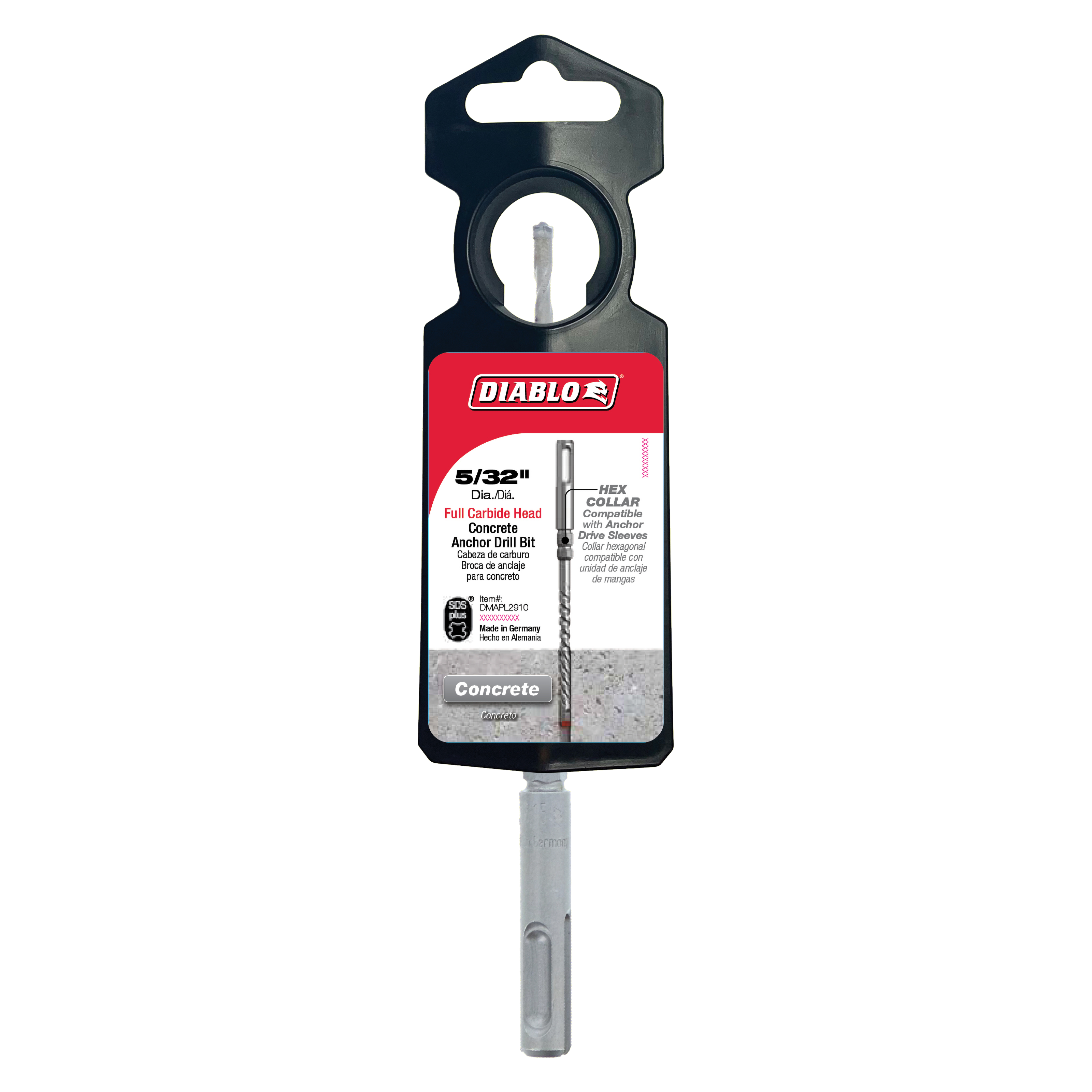 Diablo 5/32" SDS-Plus concrete anchor drill bit with full carbide head in black packaging.