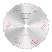 Circular saw blade with carbide-tipped teeth and center hole, marked "Freud LU5D17" with red patented system diagrams.