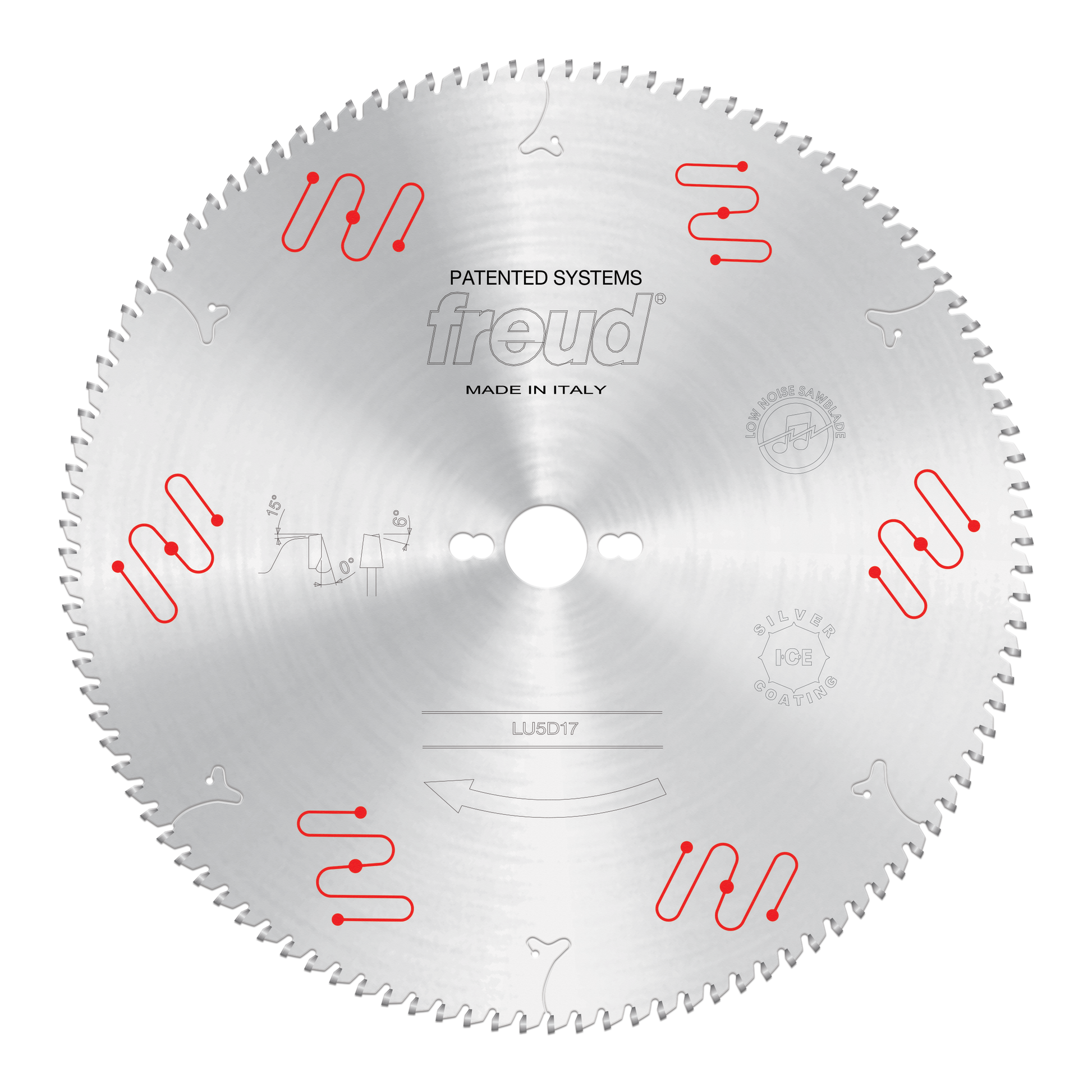 Circular saw blade with carbide-tipped teeth and center hole, marked "Freud LU5D17" with red patented system diagrams.