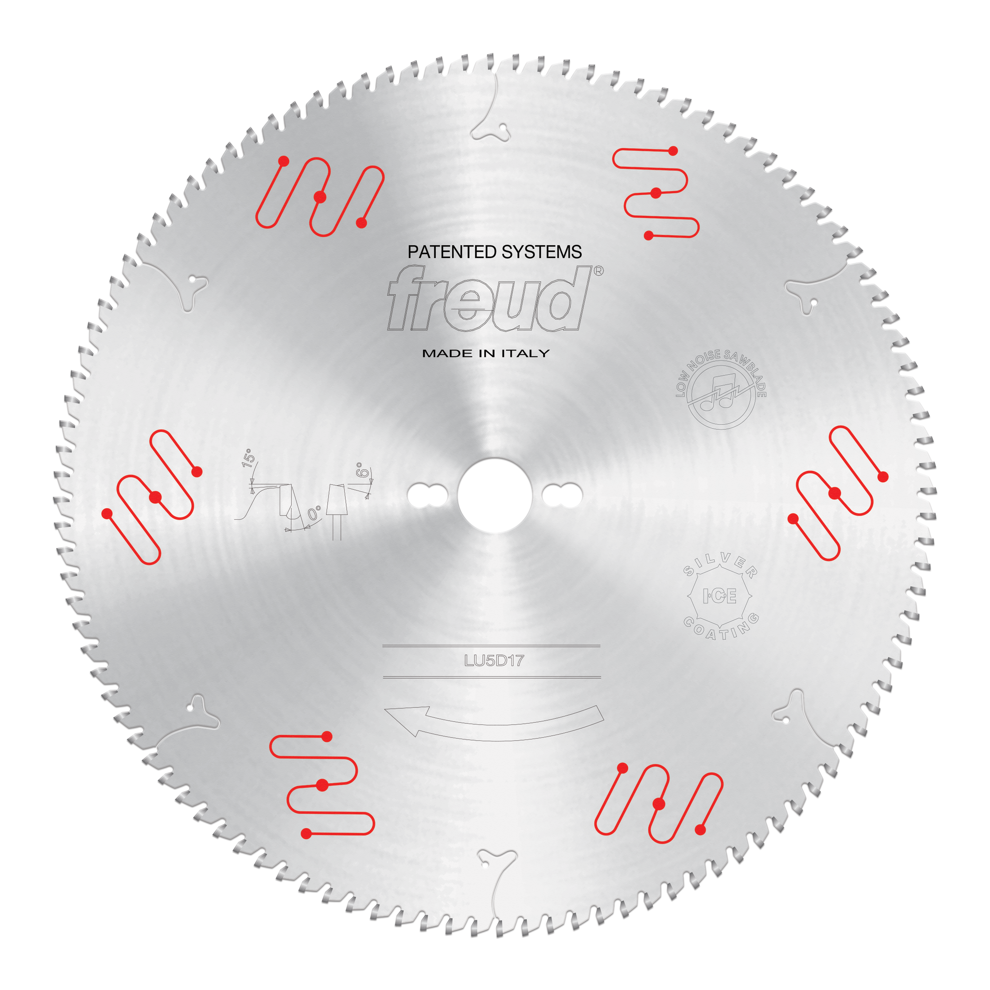Circular saw blade with carbide-tipped teeth and center hole, marked "Freud LU5D17" with red patented system diagrams.
