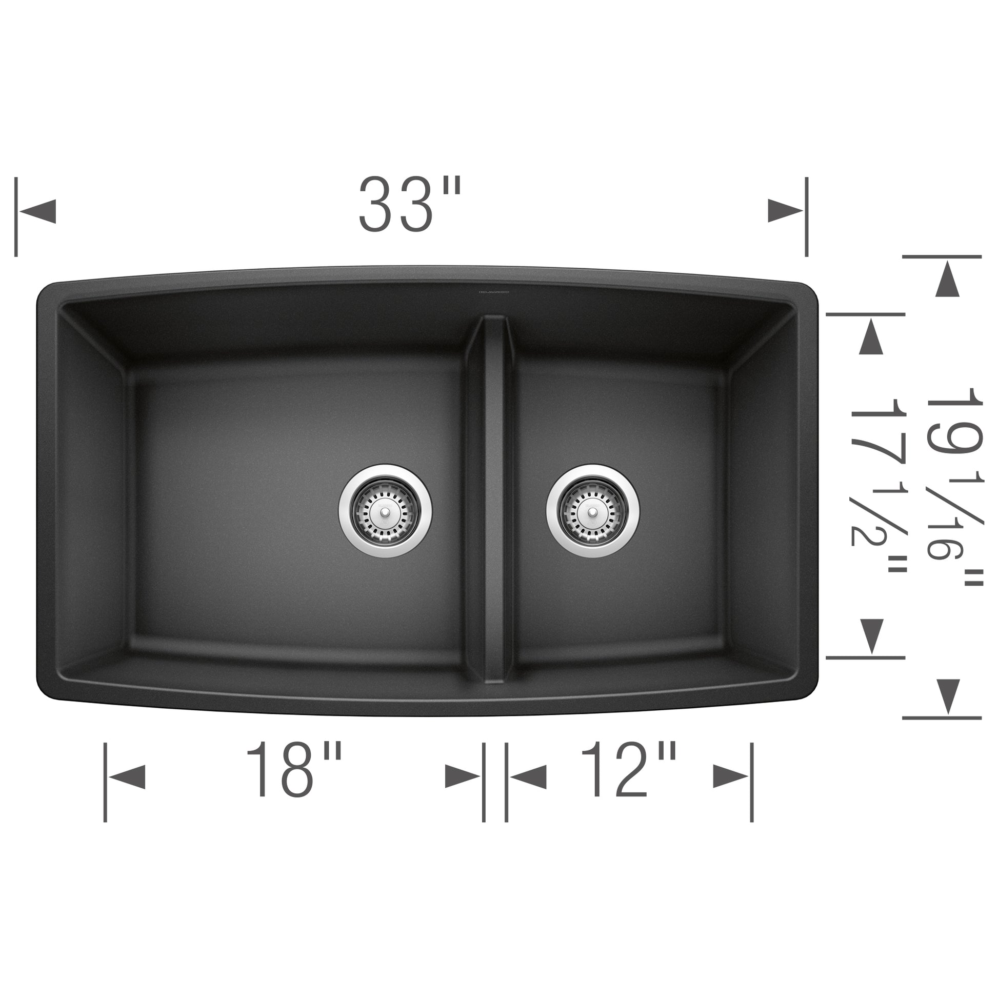 Anthracite undermount kitchen sink with two unequal bowls and chrome drain strainers, 33" wide.