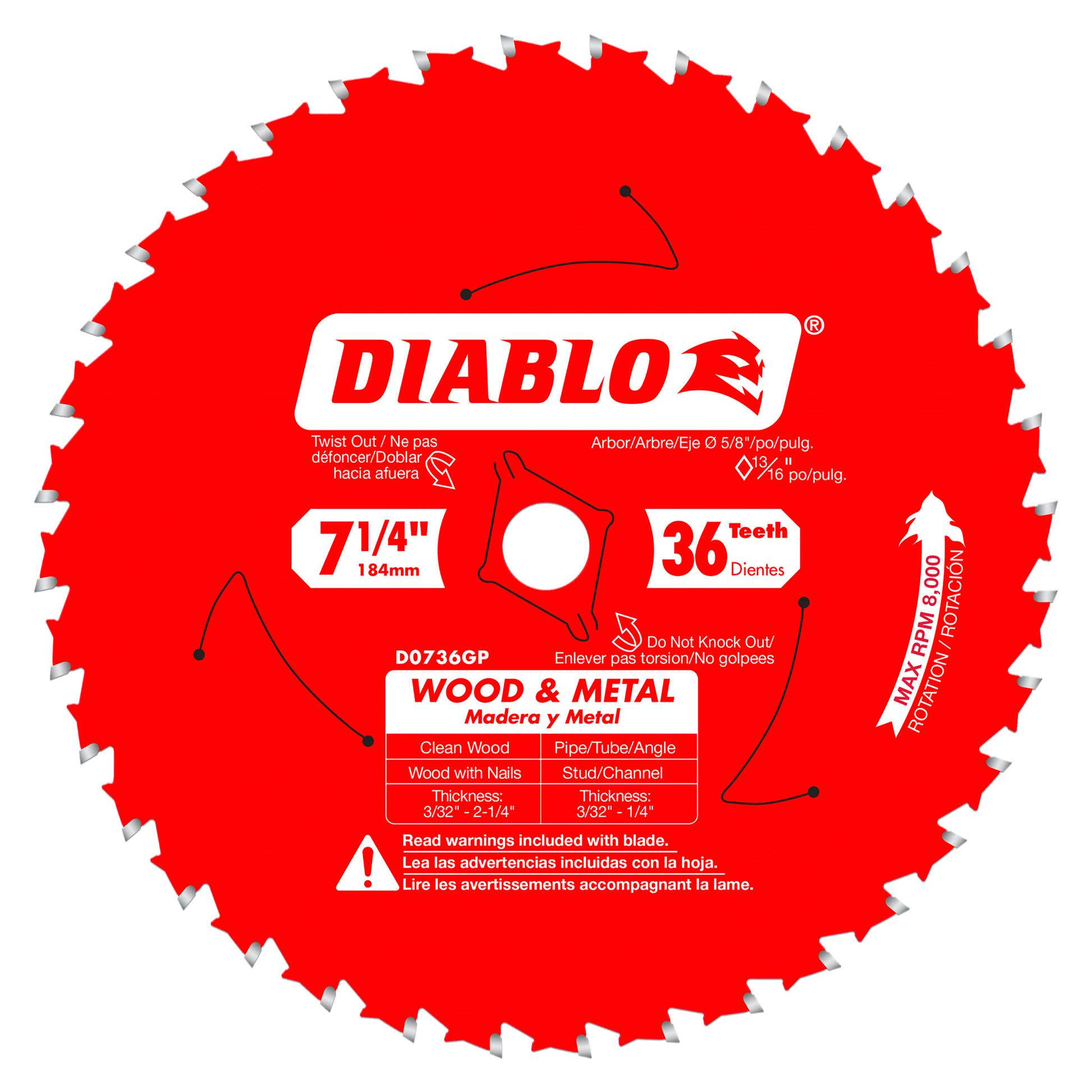 Red Diablo circular saw blade with 36 carbide teeth, 7-1/4 inch diameter, center arbor hole, marked for wood and metal cuttin