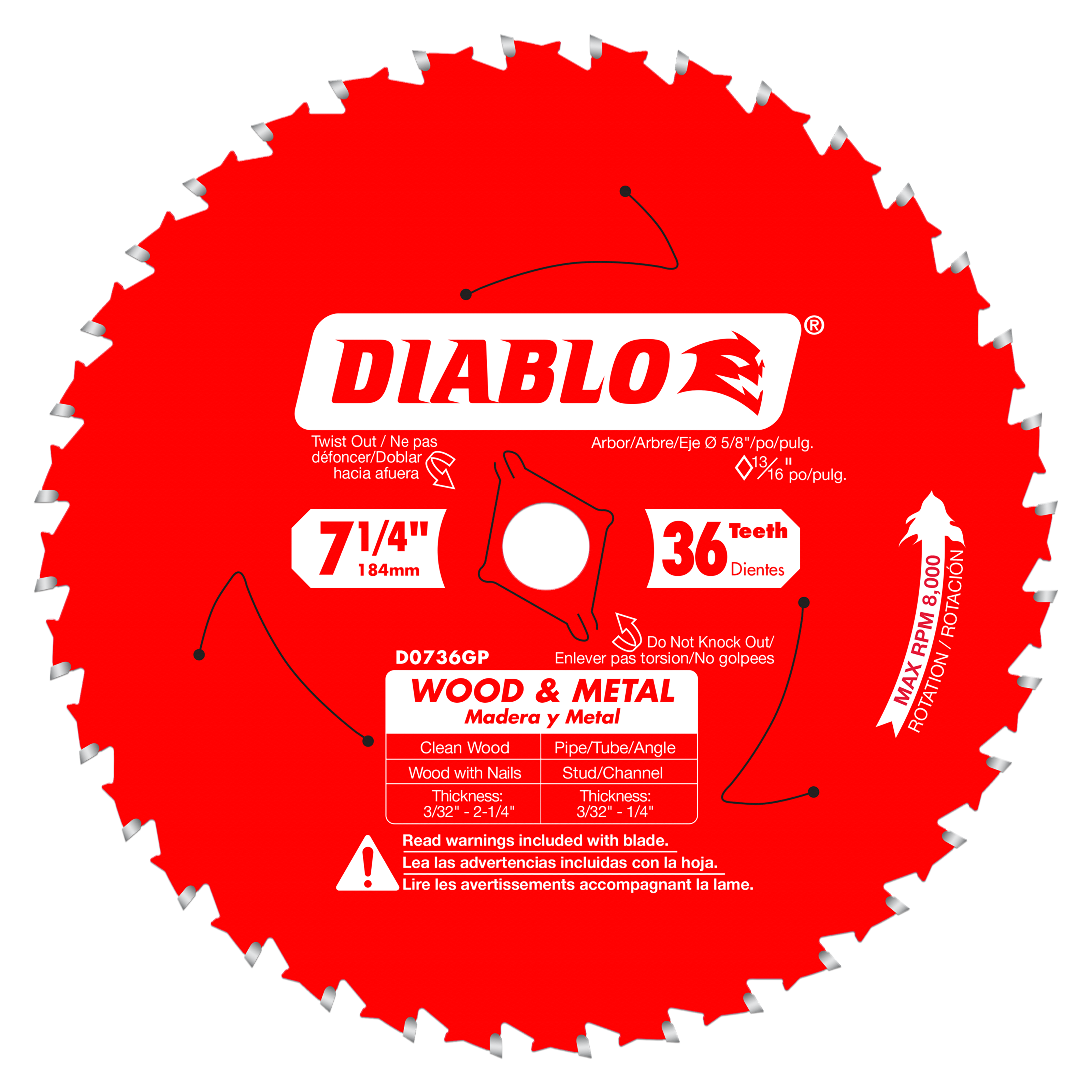 Red circular saw blade with 36 carbide teeth, 7-1/4 inch diameter, labeled Diablo D0736GP for wood and metal cutting.