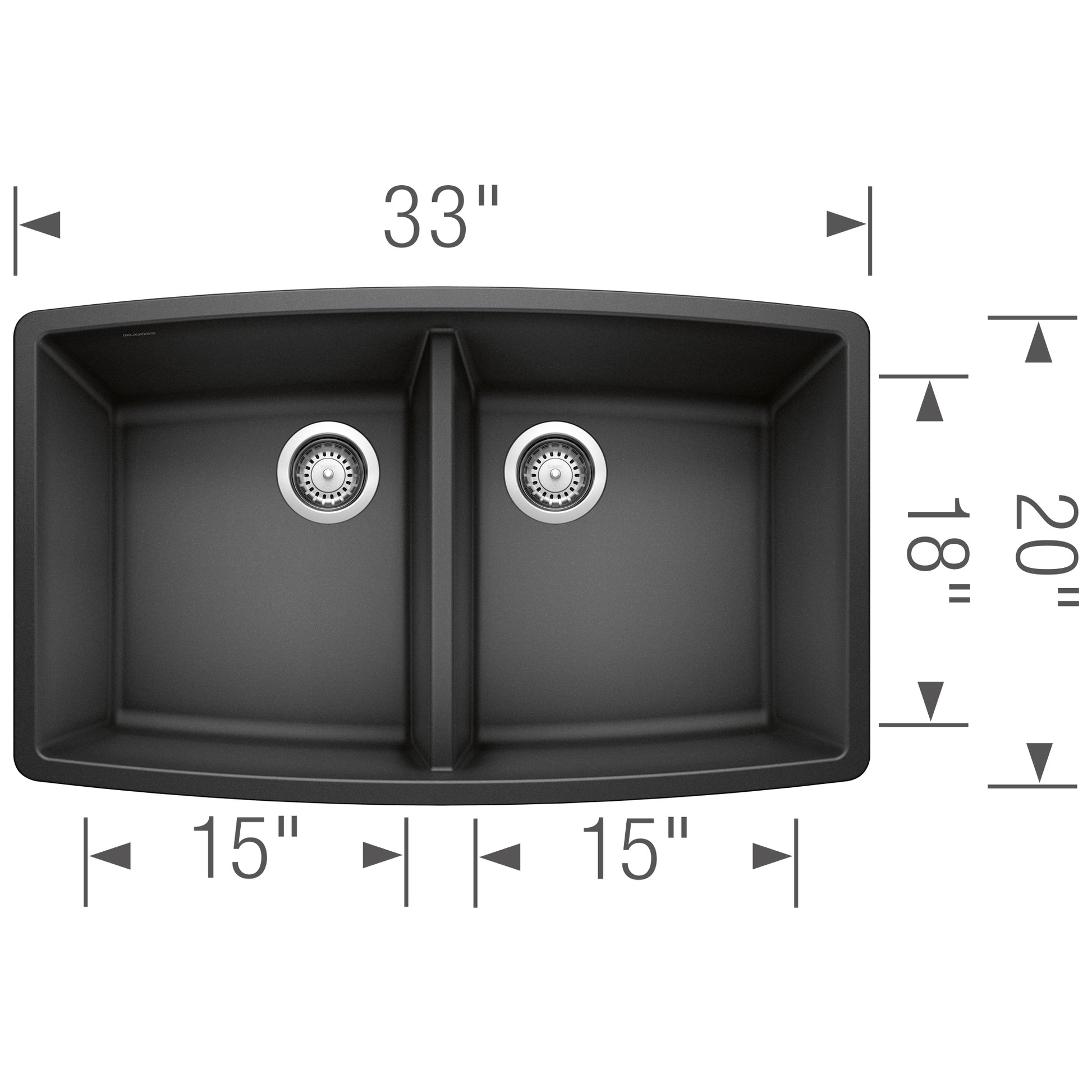 Anthracite double bowl undermount kitchen sink with two equal basins, drain strainers, and curved front edge, 33" wide x 20" 