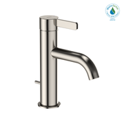 Polished nickel single-handle bathroom sink faucet with curved spout and rectangular lever handle.