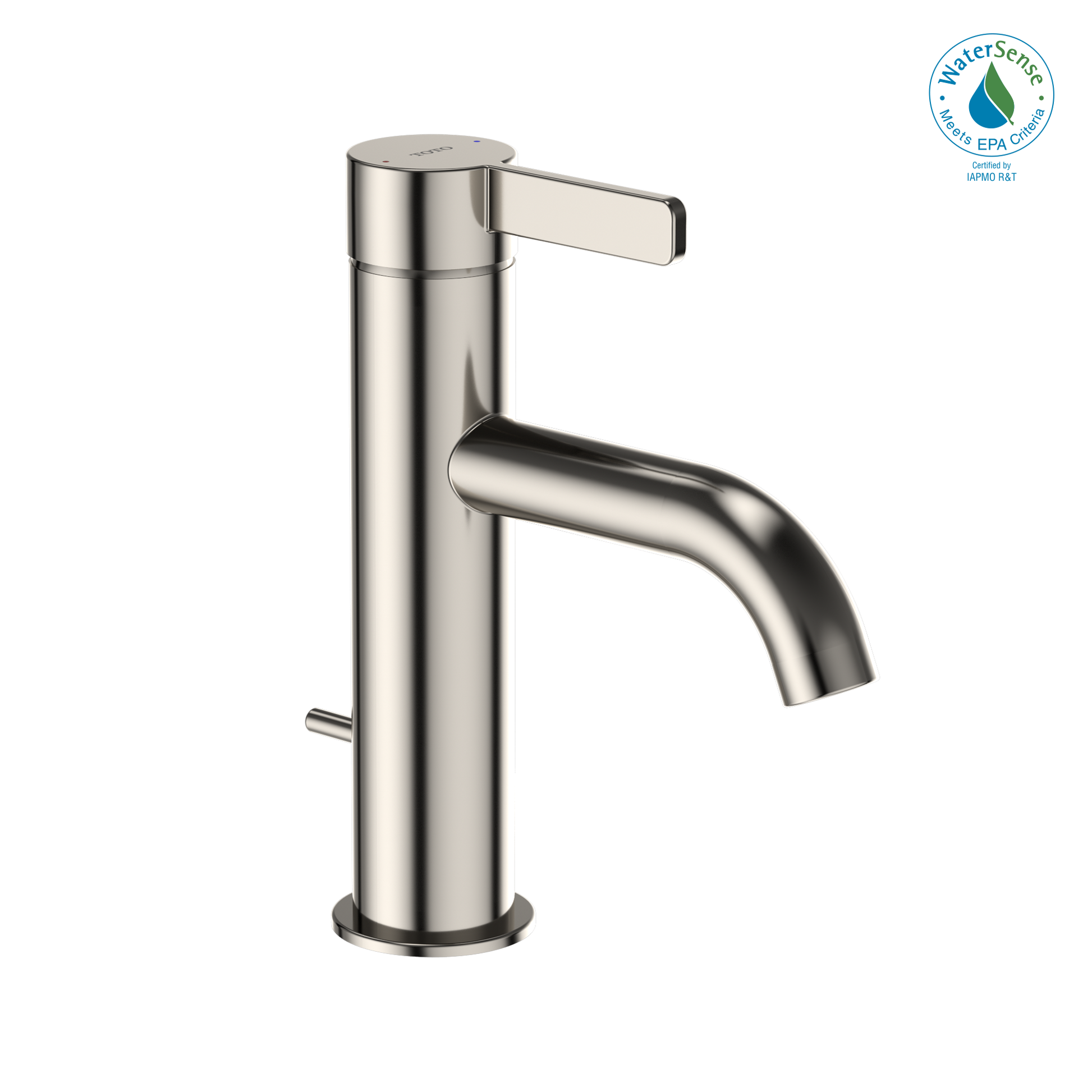 Polished nickel single-handle bathroom sink faucet with curved spout and rectangular lever handle.