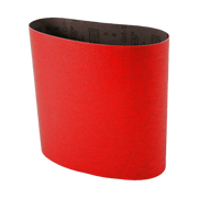 Red sanding belt with black backing, oval-shaped for use with belt sanders.