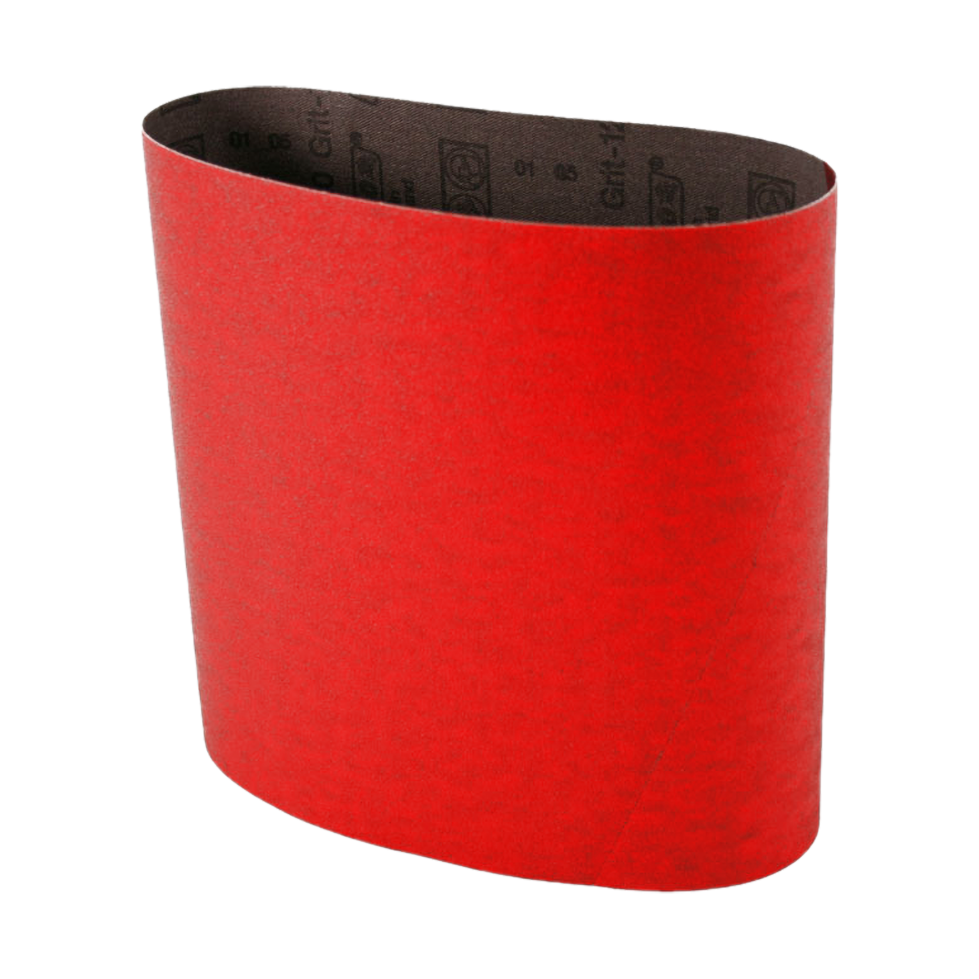 Red sanding belt with black backing, oval-shaped with textured abrasive surface.