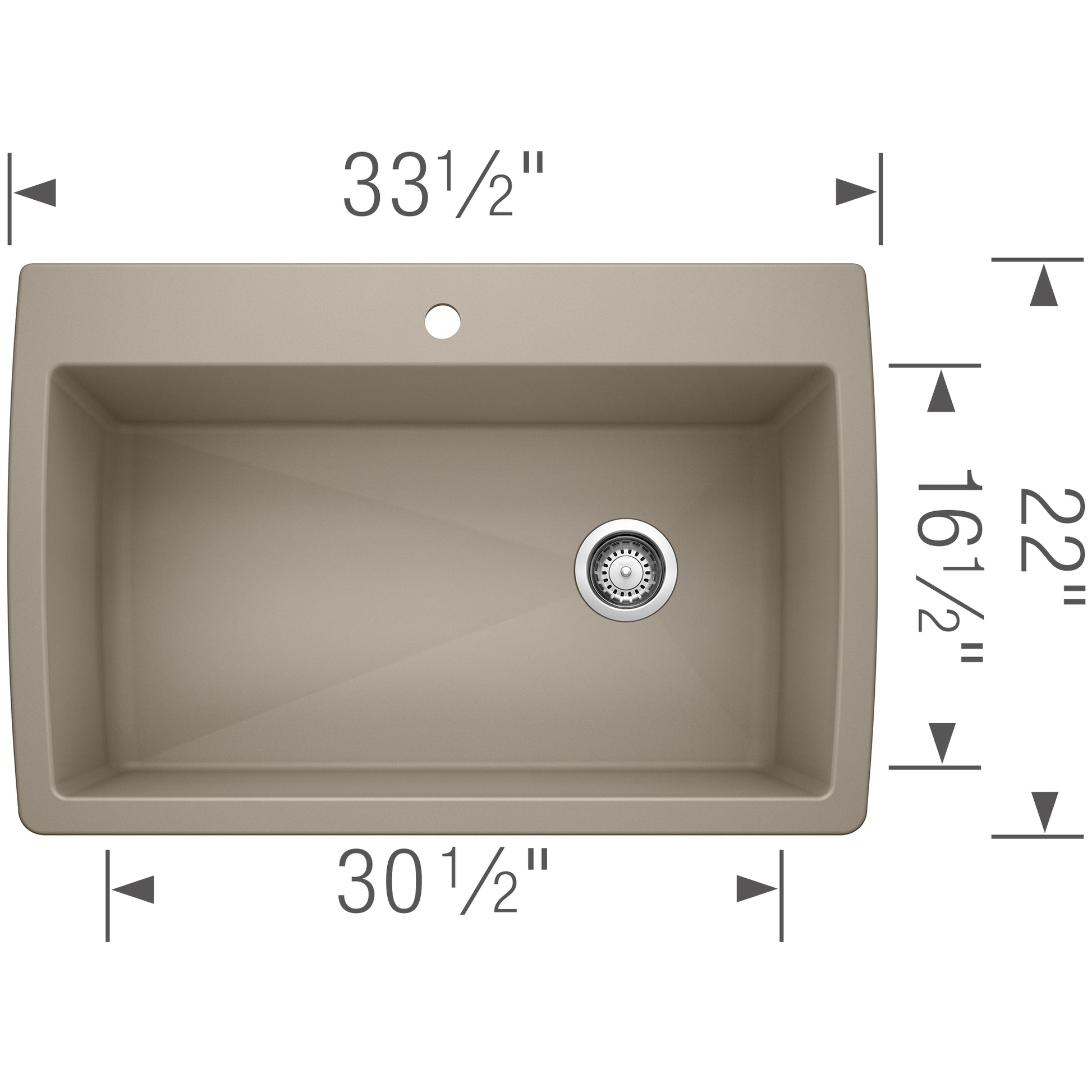 Truffle-colored drop-in kitchen sink with single bowl, drain, and faucet hole; 33½" wide x 22" deep.