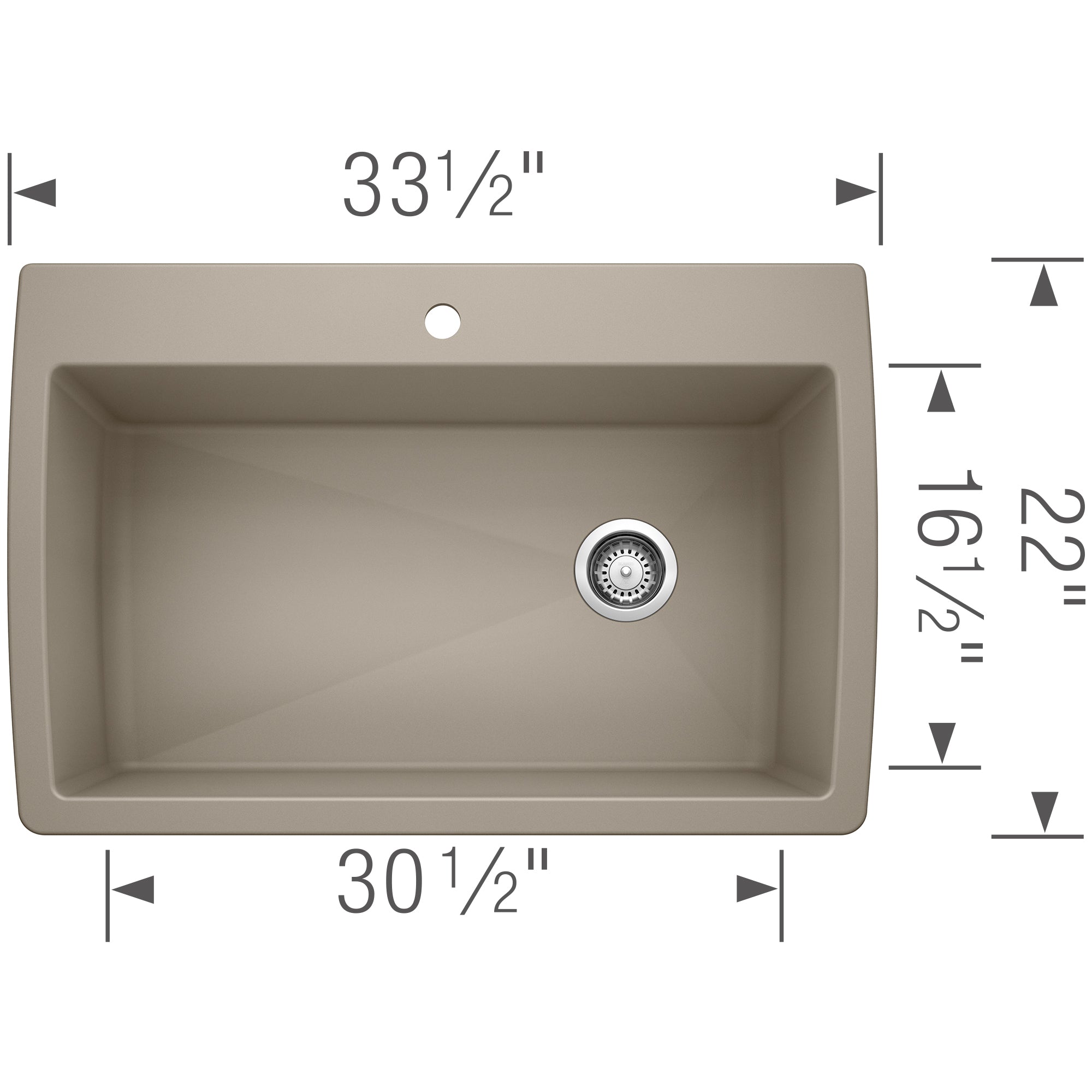 Truffle-colored drop-in kitchen sink with single bowl, drain, and faucet hole; 33½" wide x 22" deep.