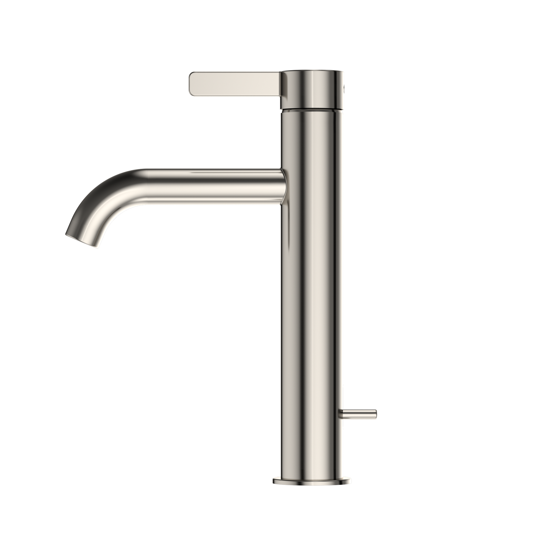 Polished nickel single-handle bathroom sink faucet with curved spout and lever handle.