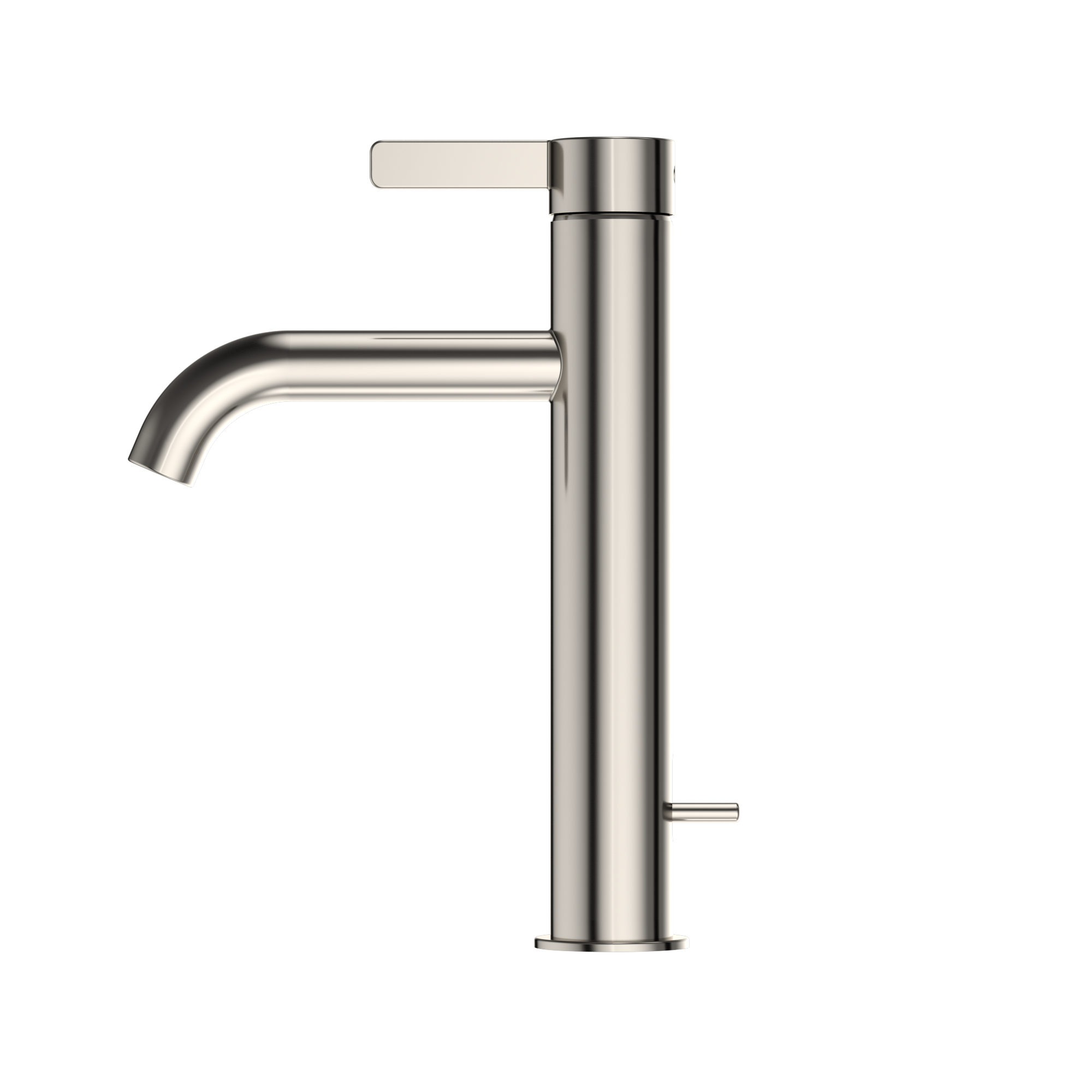 Polished nickel single-handle bathroom sink faucet with curved spout and lever handle.