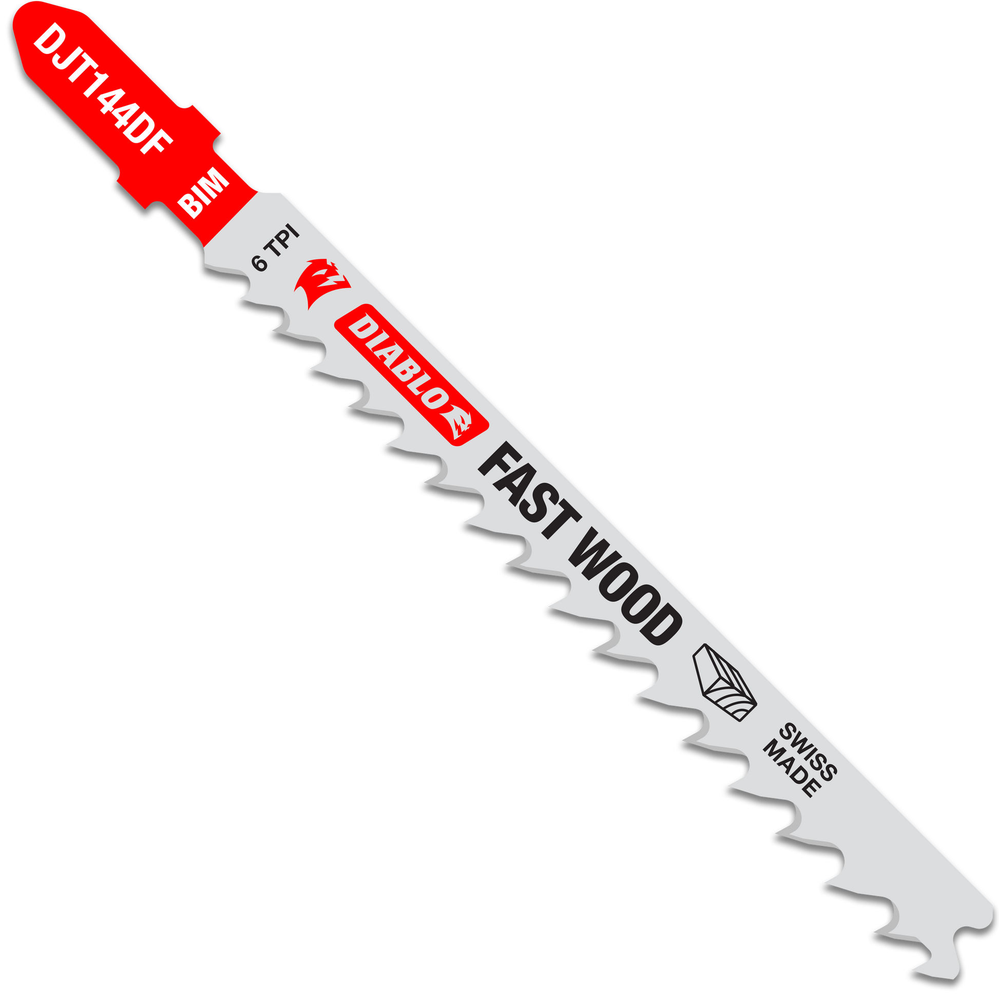 Five Diablo bi-metal jig saw blades with red T-shank handles, labeled 6 TPI for fast wood cuts.