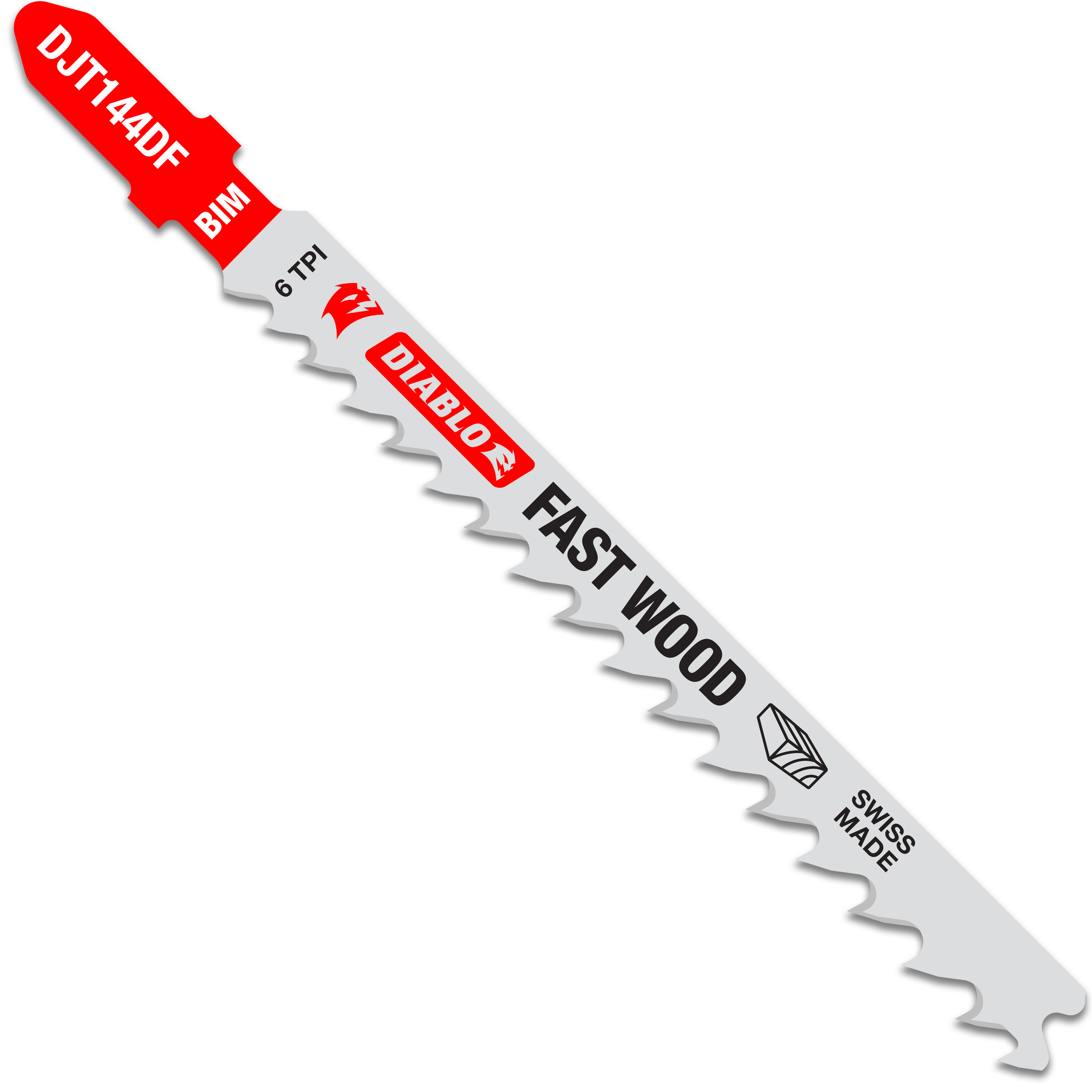 Five Diablo bi-metal jig saw blades with red T-shank handles, labeled 6 TPI for fast wood cuts.