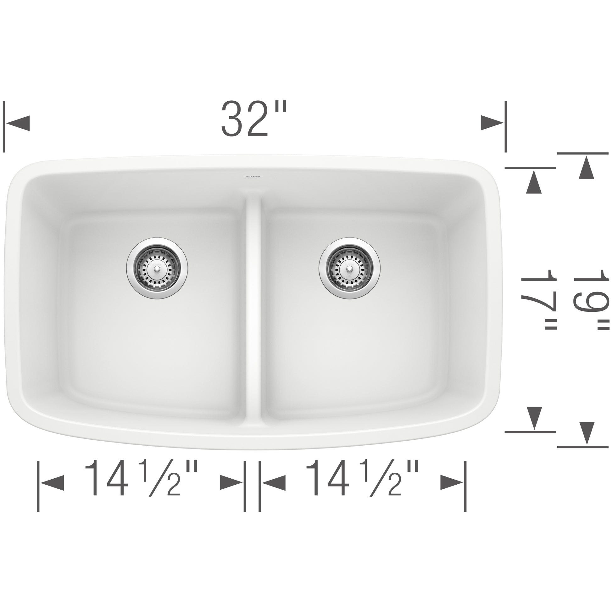 White double undermount sink with two equal basins, low divider, and drain strainers, 32" wide.