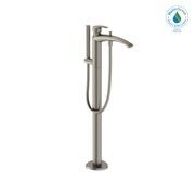 Brushed nickel freestanding tub filler with curved spout, single handle, and attached handshower on hose.