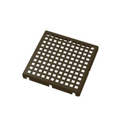 Oil rubbed bronze square drain grate with grid pattern and center opening.