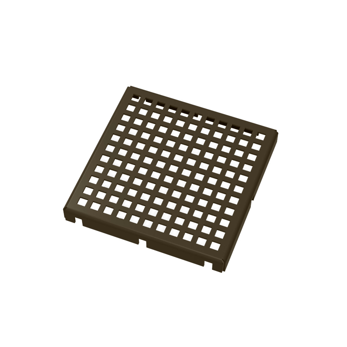 Oil rubbed bronze square drain grate with grid pattern and center opening.
