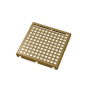 Square satin bronze drain grate with grid pattern and center drain opening.