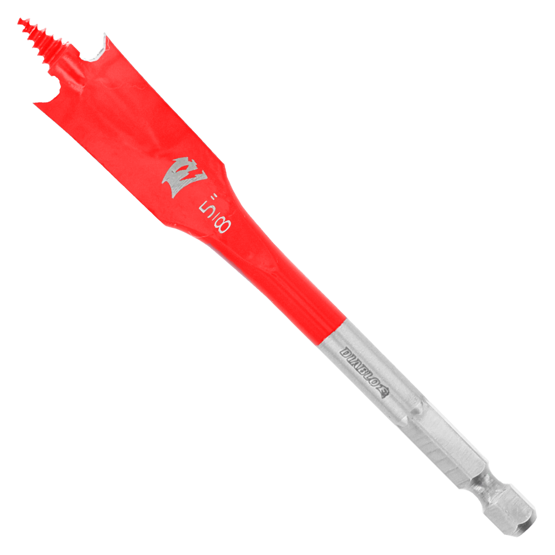 Red and silver spade bit with flat blade tip and hex shank, labeled with Diablo branding.